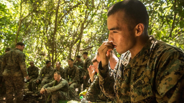 U.S. Marine Lance Cpl. Gary Gomez enjoys a meal prepared by Malaysian soldiers in a jungle survival course during Malaysia-United States Amphibious Exercise 2015 in Tanduo, Malaysia on Nov. 11. Gomez is a mortar man with Kilo Company, Battalion Landing Team 3rd Battalion, 1st Marine Regiment, 15th Marine Expeditionary Unit. The meal included lizard, turtle, python, fish, bats, birds, rice cooked in coconuts, and a salad made of jungle vegetation. The purpose of the exercise was to strengthen military cooperation in the planning and execution of amphibious operations between Malaysian armed forces and U.S. Marines. The 15th MEU is currently deployed in the Indo-Asia-Pacific region to promote regional stability and security in the U.S. 7th Fleet area of operations. 