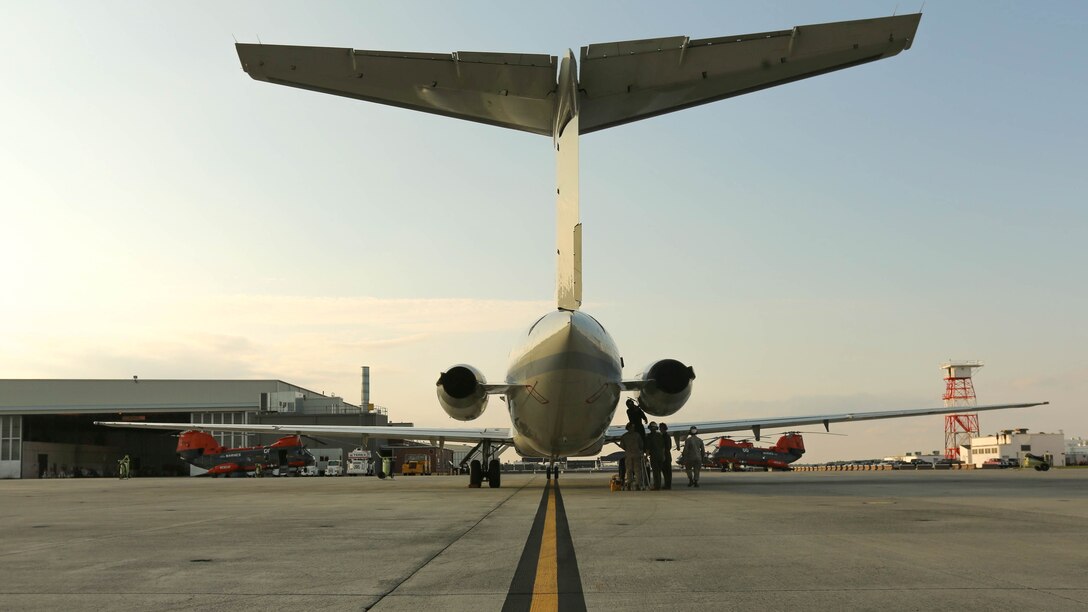 Marine Transport Squadron 1 conduct routine maintenance on a A C-9B Skytrain on the Cherry Point flight line after its return from a routine mission Oct. 17. After 51 years of flying, the VMR-1 “Roadrunners” celebrated as they achieved a safety milestone that few squadrons accomplish.