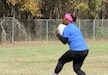 Staff Sgt. Gretta Smith, an executive administrative assistant with the 108th Training Command (Initial Entry Training) catches the ball during a practice kickball game Nov. 15, 2015, at Clanton Park in Charlotte, N.C. Smith plays with an all-female kickball team which is part of the “Ladies under the Lights” kickball league as a way of interacting with her community. (U.S. Army photo by Sgt. Javier Amador)