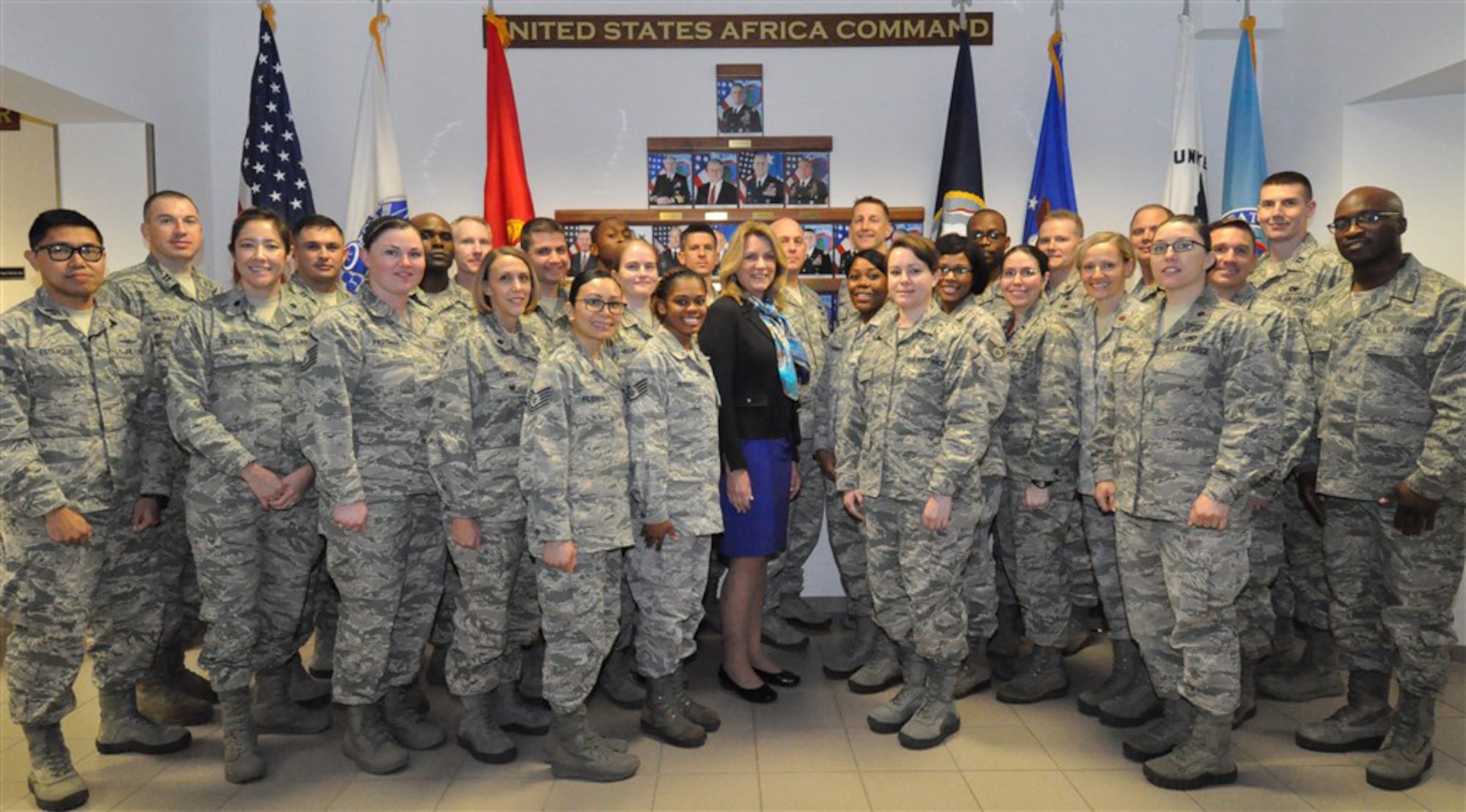 Secretary of the Air Force Deborah Lee James poses with Airmen stationed in Stuttgart, Germany, Nov. 18, 2015. The secretary's visit to U.S. Africa Command concluded with an Airmen's Call where she discussed her top priorities for the Air Force. (Department of Defense photo/Brenda Law)