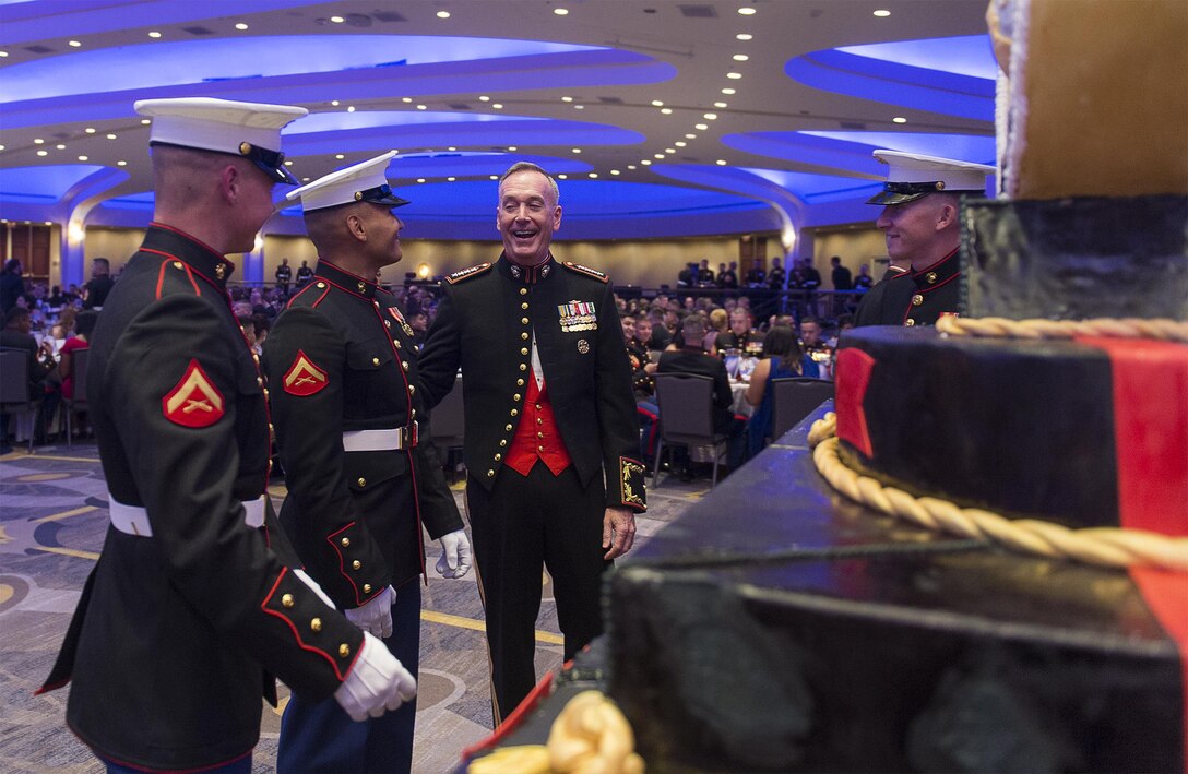 Marine Corps Gen. Joseph F. Dunford Jr., chairman of the Joint Chiefs of Staff, speaks with Marines at the 240th Marine Corps Birthday celebration in Washington, D.C., Nov. 21, 2015. DoD photo by Petty Officer 2nd Class Dominique A. Pineiro