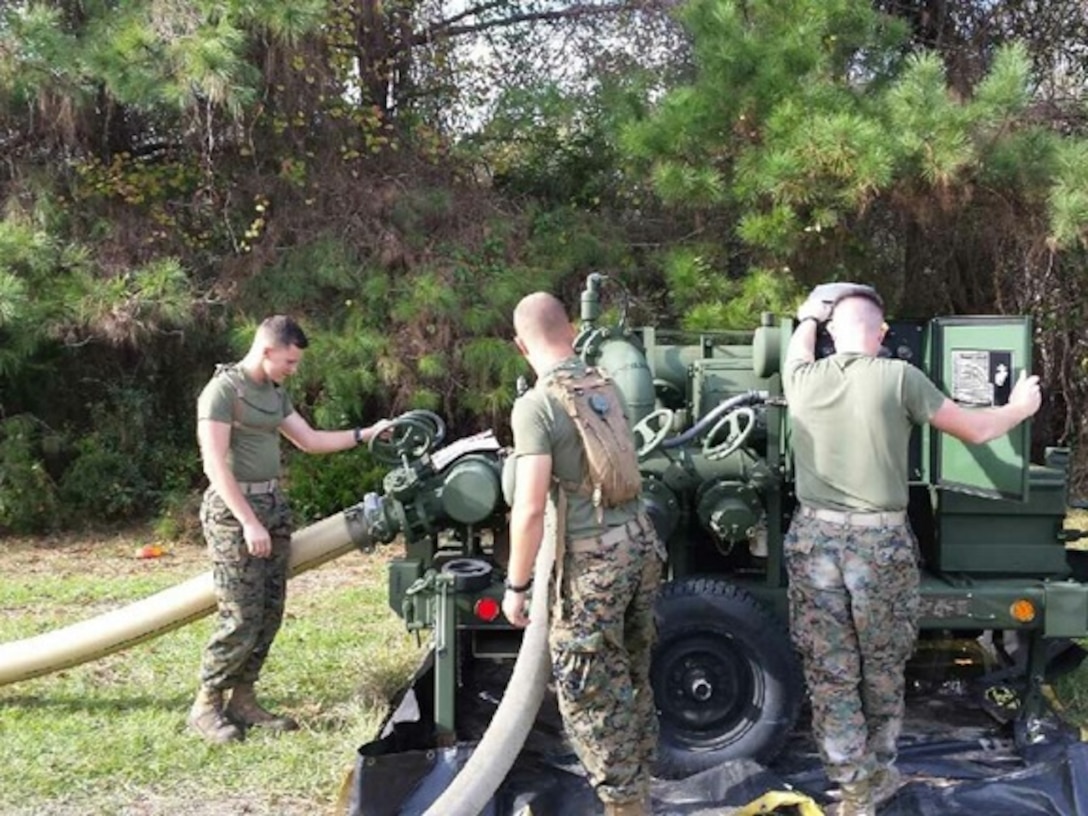 Marines attending Basic Water Support Technician course 1-16 (BWST 1-16) aboard Marine Corps Engineer School, Utilities Instruction Company, Courthouse Bay, Camp Lejeune, N.C., participate in a practical application exercise on the Tactical Water Distribution System (TWDS).  TWDSs assist in the distribution of potable water to areas that may not be able to be reached by vehicles or conventional methods of distribution. 
