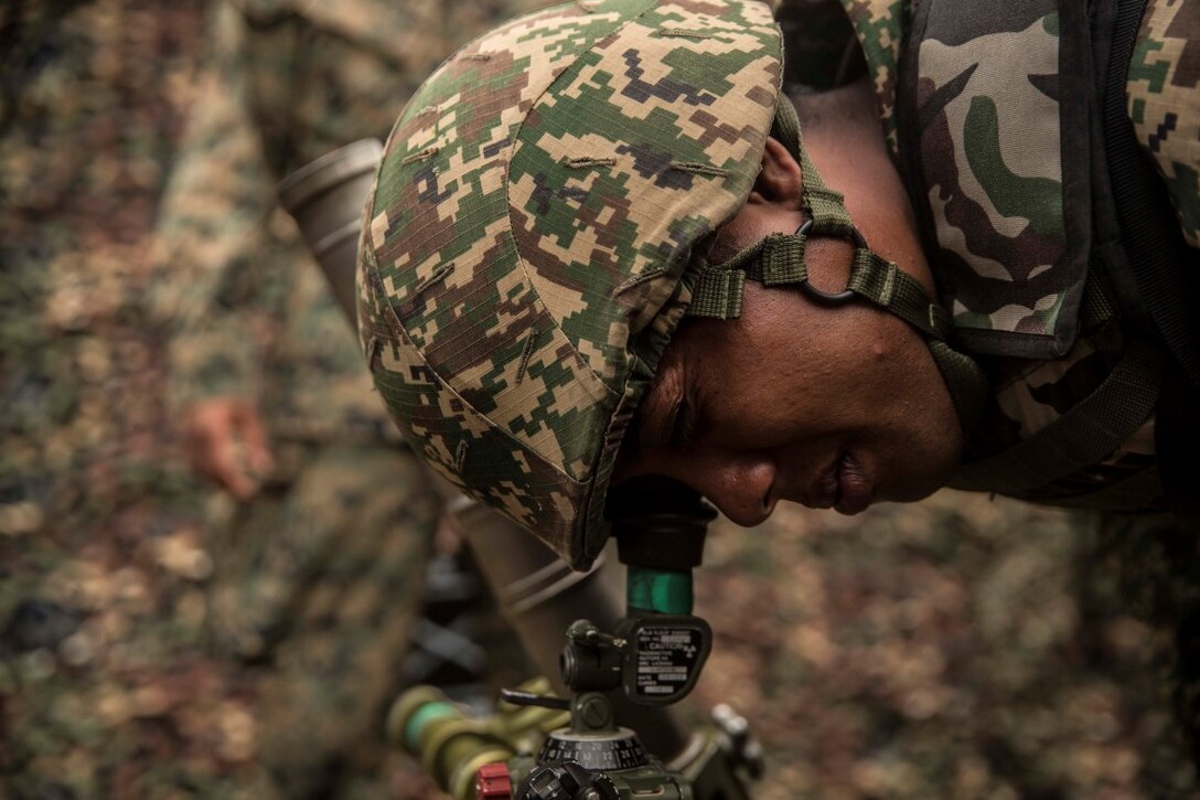 TANDUO BEACH, Malaysia (Nov. 10, 2015) A Malaysian soldier looks through the sights of an M224A1 60 mm mortar system during Malaysia-United States Amphibious Exercise 2015. During MALUS AMPHEX 15, Marines with Kilo Company, Battalion Landing Team 3rd Battalion, 1st Marine Regiment, 15th Marine Expeditionary Unit, and Malaysian soldiers exchanged infantry weapon capabilities and tactics. The purpose of the exercise was to strengthen military cooperation in the planning and execution of amphibious operations between Malaysian armed forces and U.S. Marines. The 15th MEU is currently deployed in the Indo-Asia-Pacific region to promote regional stability and security in the U.S. 7th Fleet area of operations. (U.S. Marine Corps photo by Sgt. Emmanuel Ramos/Released)