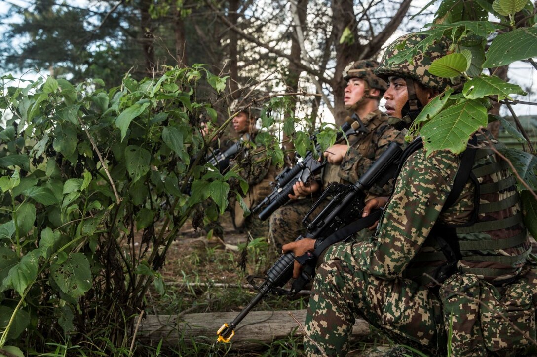 TANDUO BEACH, Malaysia (Nov. 11, 2015) U.S. Marines with Kilo Company, Battalion Landing Team 3rd Battalion, 1st Marine Regiment, 15th Marine Expeditionary Unit and Malaysian soldiers provide security on the beach while they rehearse amphibious operations during Malaysia-United States Amphibious Exercise 2015. During MALUS AMPHEX 15, Marine fire teams paired with a squad of Malaysian soldiers and rehearsed amphibious assault tactics. The purpose of the exercise was to strengthen military cooperation in the planning and execution of amphibious operations between Malaysian armed forces and U.S. Marines. The 15th MEU is currently deployed in the Indo-Asia-Pacific region to promote regional stability and security in the U.S. 7th Fleet area of operations. (U.S. Marine Corps photo by Sgt. Emmanuel Ramos/Released)
