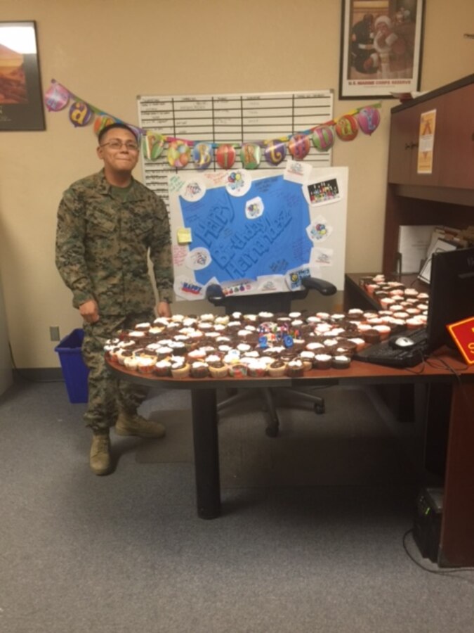 LCpl Leonel A. Hernandez, an Administrative Clerk, gets a surprise when he comes to work on his birthday.