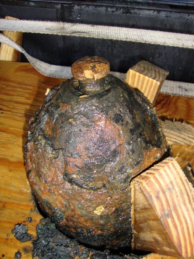 Several Marines from EODATC recently supported an operation conducted by MCAS Beaufort EOD Section in ordnance recovery efforts from the CSS Georgia.  Item pictured is a 6.4 in Brooke shell with an Archer Percussion Fuze.