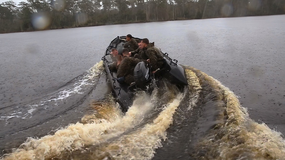 Marines with 8th Engineer Support Battalion, Improved Ribbon Bridge Platoon take turns maneuvering the Zodiac in open water during the Zodiac operator’s course aboard Camp Lejeune, N.C., Nov. 19, 2015. During the course the Marines learned safety with the Zodiacs and how to use them to their full potential. (U.S. Marine Corps Video illustration by Lance Cpl. Preston McDonald/Released)