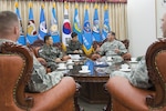 U.S. Air Force Brig. Gen. Barry Cornish, 18th Wing commander, meets with Republic of Korea Air Force Brig. Gen. Junsik Kim, 1st Fighter Wing commander, about Kadena’s role and mission impact during exercise Vigilant Ace 16 Nov. 5, 2015, at Gwangju Air Base, Republic of Korea. Vigilant Ace is a regularly scheduled exercise meant to increase familiarity between the ROKAF and U.S. militaries. As the ‘Keystone’ of the Pacific, Kadena’s Airmen help ensure peace, security and stability in the Northeast Asia region. 