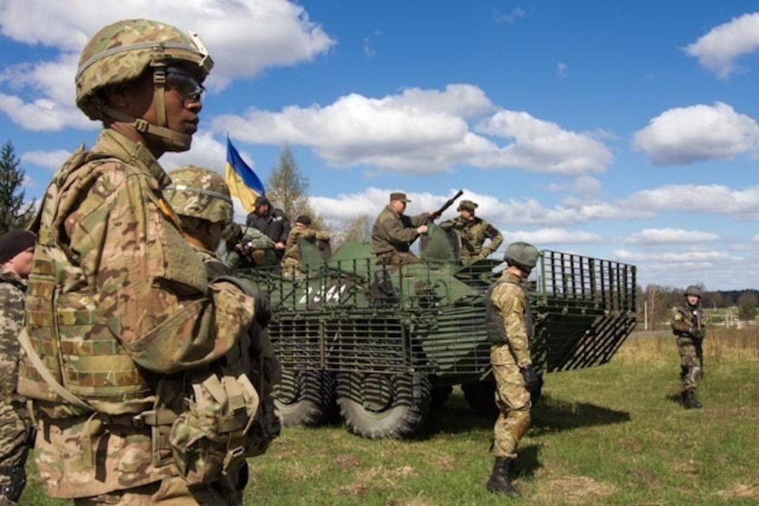 Soldiers from the U.S. Army's 173rd Airborne Brigade Combat Team and the Ukrainian national guard's 1st Battalion, 3029th take a break next to a BTR fighting vehicle, April 22, 2015, during exercise Fearless Guardian in Yavoriv, Ukraine. The 173rd ABCT trained several battalions of Ukrainian national guardsmen at the request of the Ukrainian government. U.S. Army photo by Sgt. Alexander Skripnichuk
