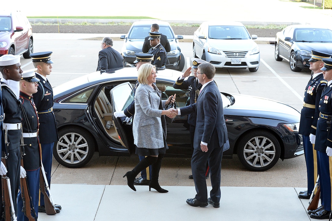 U.S. Defense Secretary Ash Carter hosts an honor cordon to welcome Dutch Defense Minister Jeanine Hennis-Plasschaert to the Pentagon, Nov. 23, 2015. The two leaders met to discuss matters of mutual importance. DoD photo by Army Sgt. First Class Clydell Kinchen
