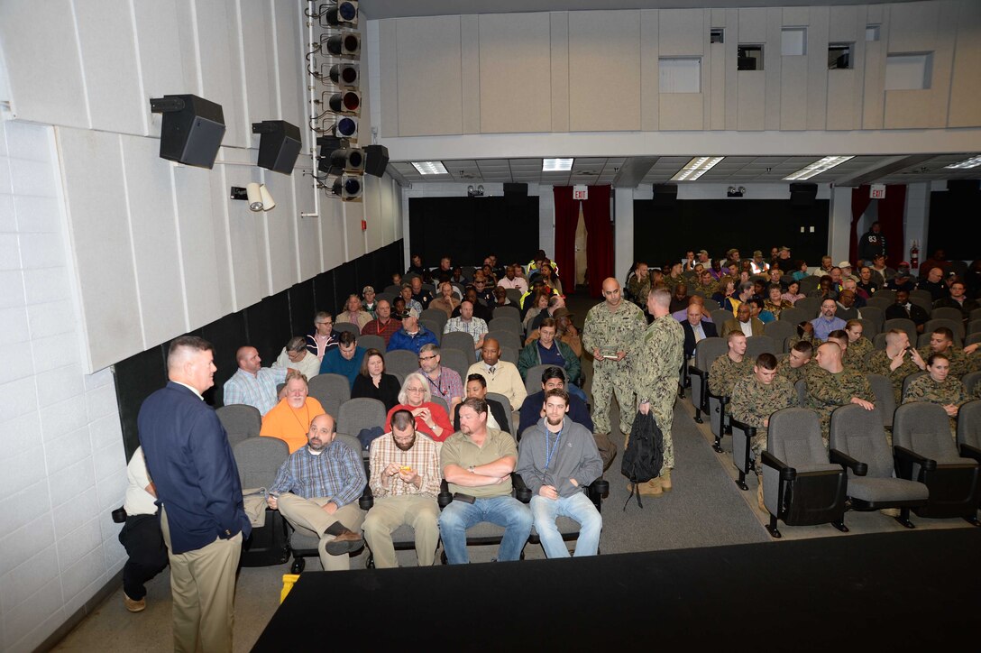 Base officials welcome Brig. Gen. Thomas Weidley, commanding general, Marine Corps Installations EAST, Camp Lejeune, N.C., for his first visit to the base since taking command of the MCI EAST installations earlier this year. The general greeted base personnel and presented the 2014 Commanding General’s Marine Corps Installation EAST Ground Safety Excellence Award to the Marine Corps Logistics Base Albany workforce in a Town Hall meeting, which was held at the Base Theater, here, Nov. 23.