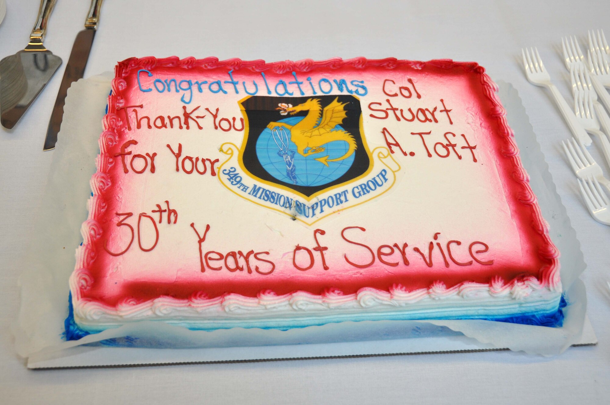 TRAVIS AIR FORCE BASE, Calif. -- Col. Stuart A. Toft, 349th Mission Support Group commander, retired after 30 years of service, November 22, 2015. During the ceremony, Toft was also awarded the Legion of Merit for extraordinary service during his tenure.  (U.S. Air Force photo/Staff Sgt. Cindy G. Alejandrez)
