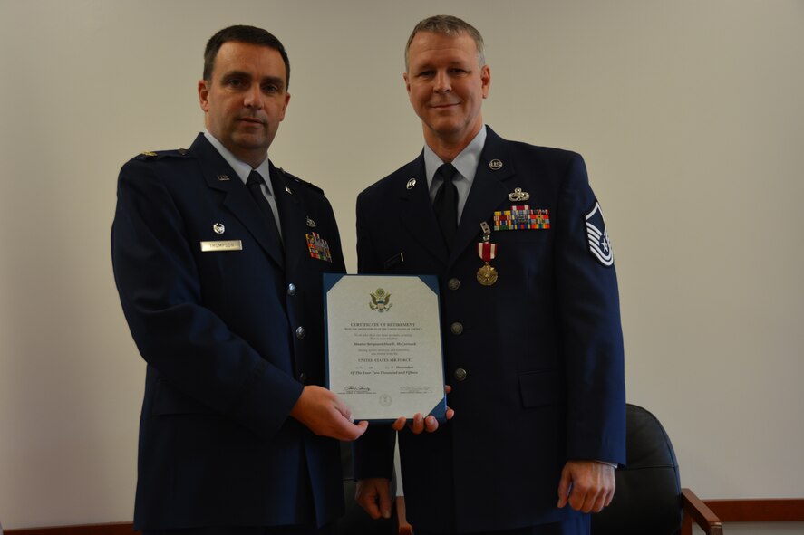 TRAVIS AIR FORCE BASE, Calif. -- After 30 years of military service, Master Sgt. Alan E. McCornack retires from the 349th Aircraft Maintenance Squadron Nov. 22, 2015 at Travis Air Force Base, Calif. (U.S. Air Force photos/Staff Sgt. Christopher Carranza)