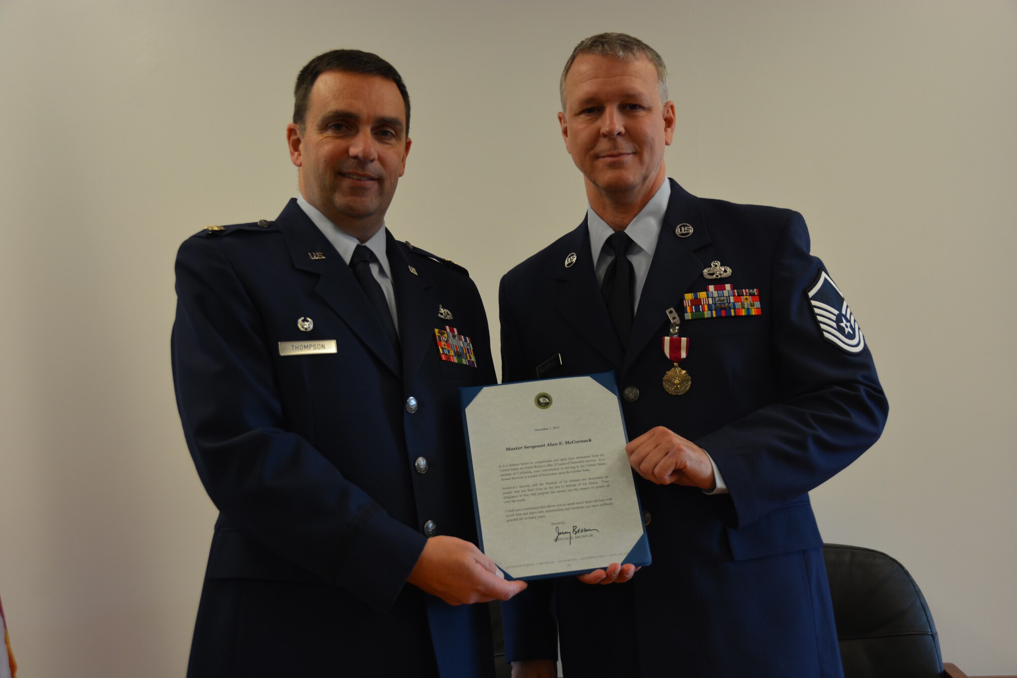 TRAVIS AIR FORCE BASE, Calif. -- After 30 years of military service, Master Sgt. Alan E. McCornack retires from the 349th Aircraft Maintenance Squadron Nov. 22, 2015 at Travis Air Force Base, Calif. (U.S. Air Force photos/Staff Sgt. Christopher Carranza)
