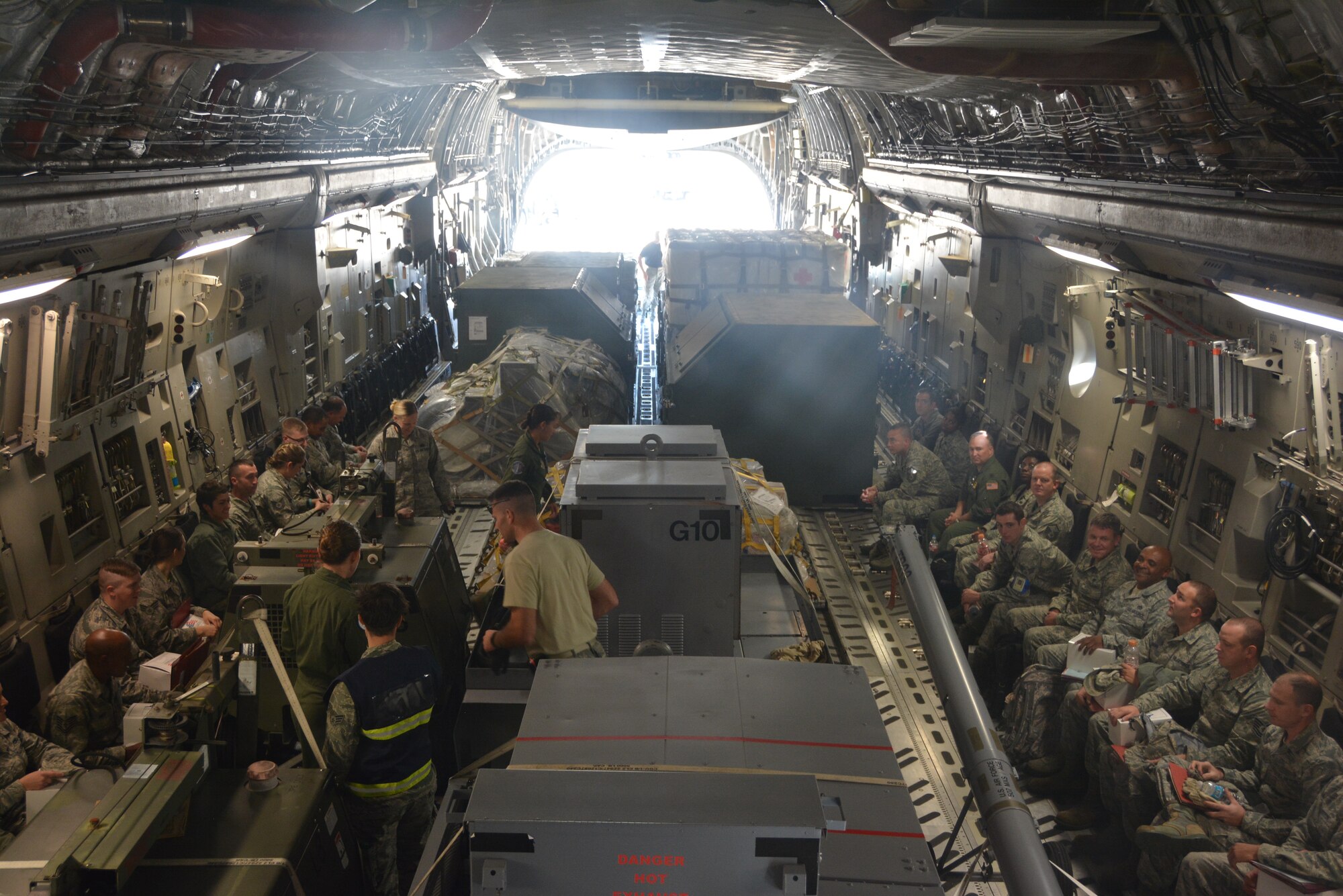 Reservists with the 507th Air Refueling Wing board a C-17 Globemaster III in preparation for deployment as part of an exercise during the November unit training assembly at Tinker Air Force Base, Okla. The C-17 is capable of rapid strategic delivery of troops and all types of cargo to main operating bases or directly to forward bases in the deployment area. (U.S. Air Force photo/Tech. Sgt. Charles Taylor)