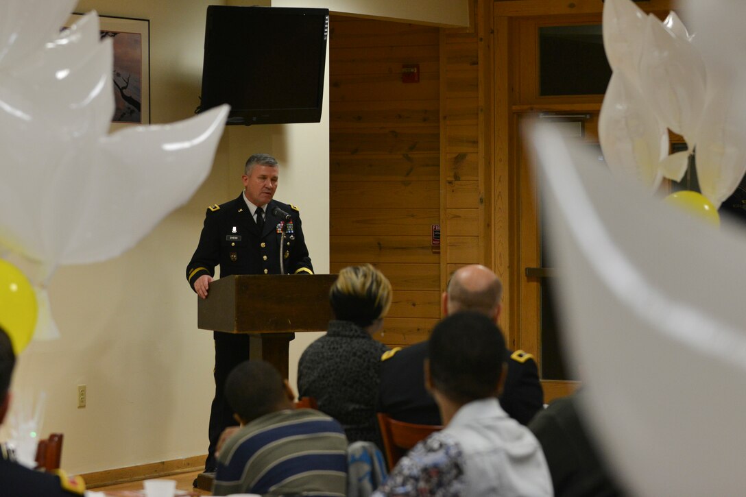 U.S.  Army Maj. Gen. Robert M. Dyess, the deputy director of U.S. Army Capabilities Integration Center, speaks at the 5th Annual Survivor Outreach Services’ (SOS) Thanks for Giving social at Fort Eustis, Va., Nov. 19, 2015. Dyess spoke of the Gold Star families’ sacrifices and also the importance of continuing to recognize Gold Star family members as a part of the Army community. (U.S. Air Force photo by Staff Sgt. Natasha Stannard)