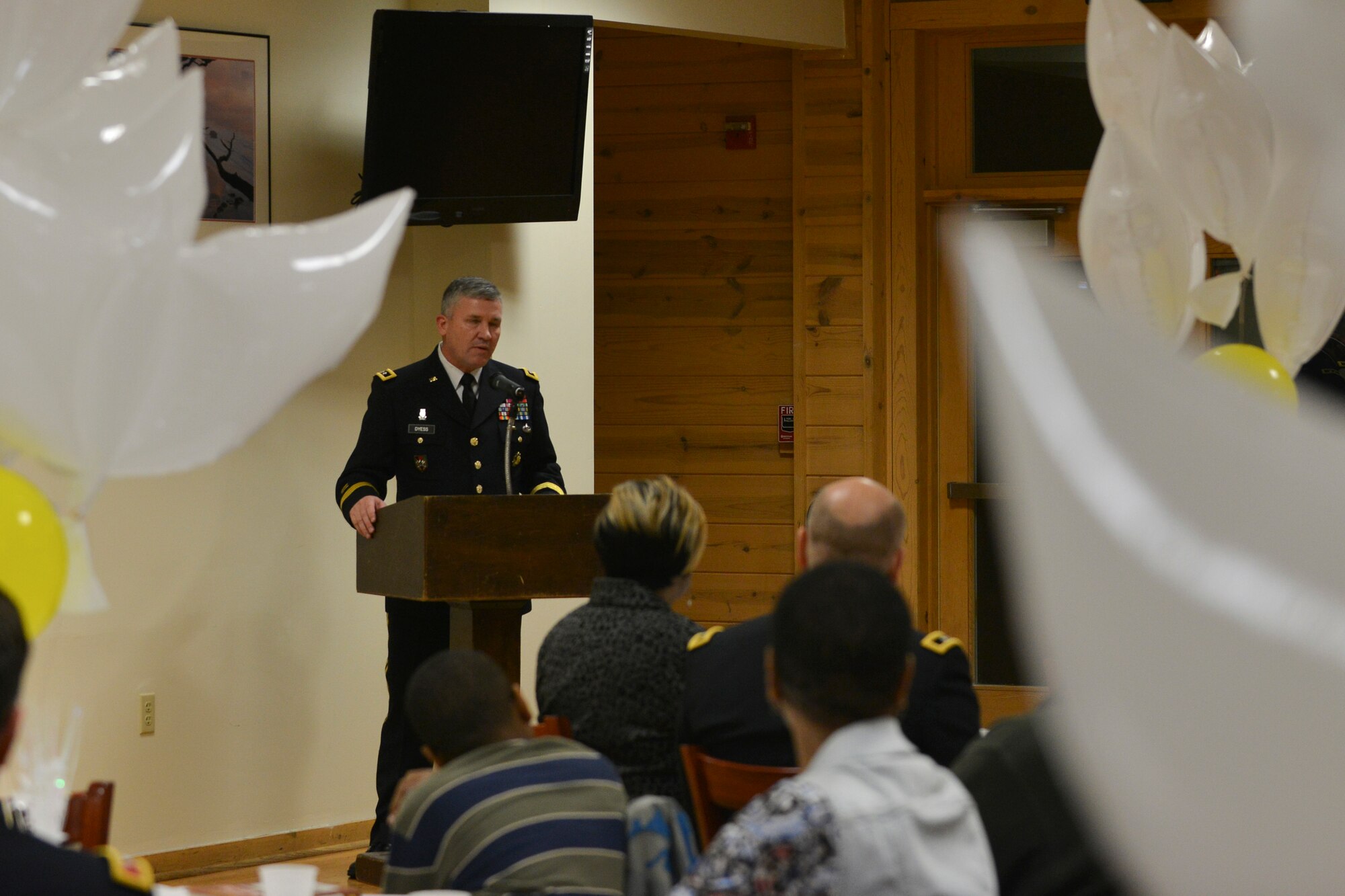 U.S.  Army Maj. Gen. Robert M. Dyess, the deputy director of U.S. Army Capabilities Integration Center, speaks at the 5th Annual Survivor Outreach Services’ (SOS) Thanks for Giving social at Fort Eustis, Va., Nov. 19, 2015. Dyess spoke of the Gold Star families’ sacrifices and also the importance of continuing to recognize Gold Star family members as a part of the Army community. (U.S. Air Force photo by Staff Sgt. Natasha Stannard)