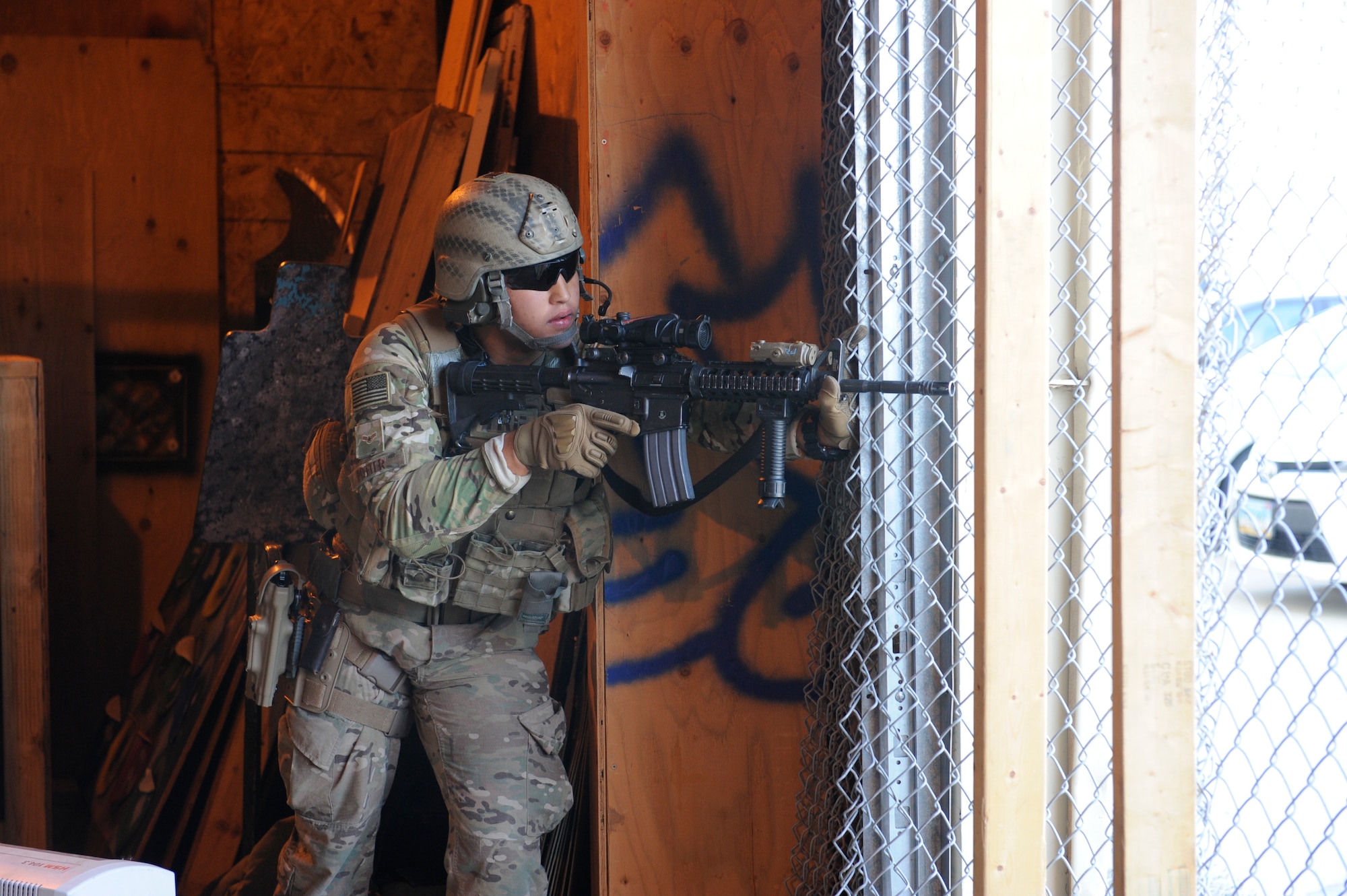 Airman 1st Class Justin Potter, 791st Missile Security Forces Squadron tactical response force member provides security at Minot Air Force Base, N.D., Oct. 14, 2015. The mission of TRF is to respond to hostile attacks anywhere they occur within the 91st Missile Wing ICBM complex and to use all means necessary to defeat the adversary. (U.S. Air Force photo/Airman 1st Class Sahara L. Fales)