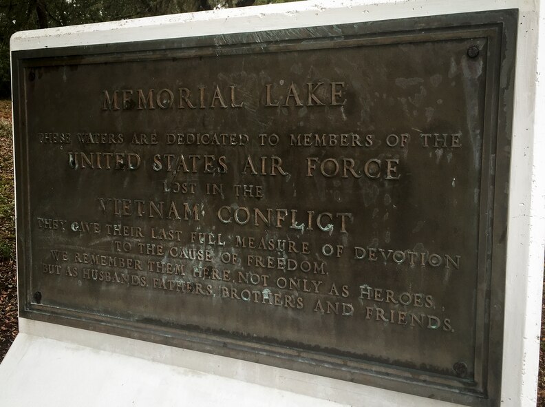 The Memorial Lake monument, located just behind the satellite pharmacy and Class-Six, is dedicated to the Airmen lost in the Vietnam conflict.  (U.S. Air Force photo/Samuel King Jr.)