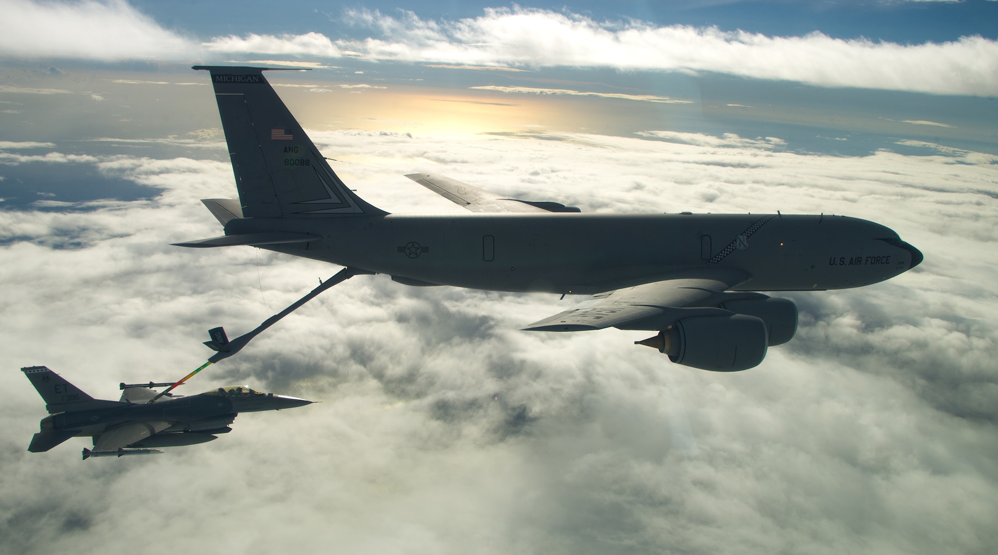 Capt. Timothy Fulkerson, F-16 Fighting Falcon pilot from the 40th Flight Test Squadron connects with a tanker during aerial refueling while on a captive avionics test bed mission on Sept. 16.  (U.S. Air Force photo/Staff Sgt. Brandy Hansen)