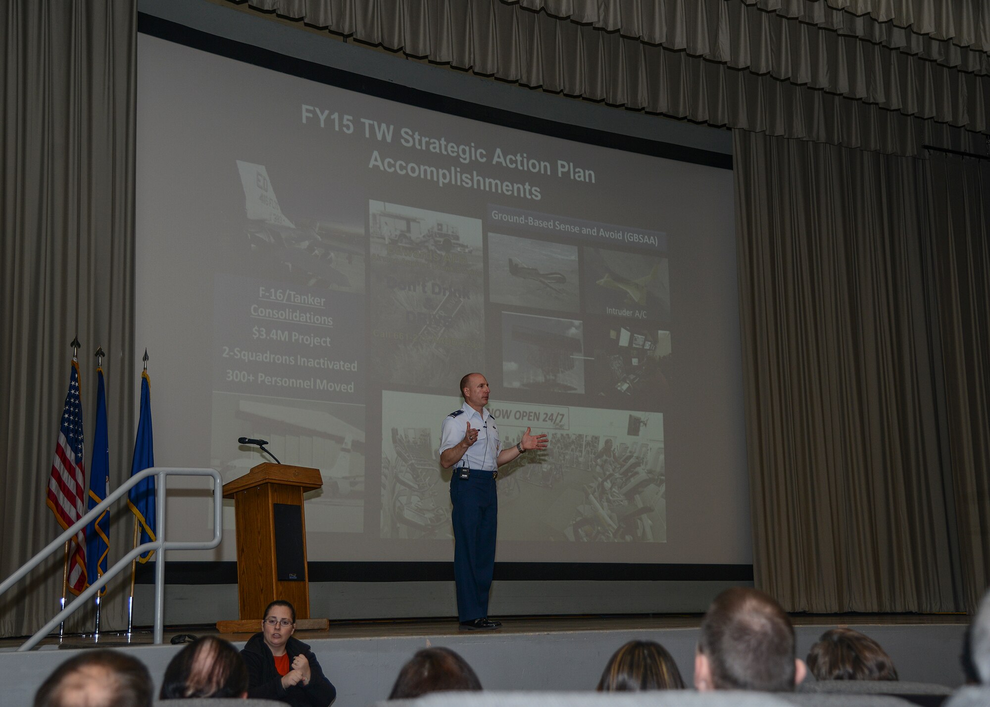 Brig. Gen. Carl Schaefer, 412th Test Wing commander, addresses civilian employees at a civilian call held at the base theater Nov. 19. Schaefer held three sessions to ensure all civilian employees had the opportunity to attend. (U.S. Air Force photo by Rebecca Amber)