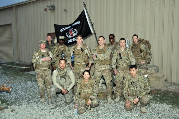 Members of the 386th Expeditionary Civil Engineer Squadron Explosive Ordnance Disposal flight prepare to participate in a four-mile ruck march to begin their annual EOD Safety Down Day at an undisclosed location in Southwest Asia, Nov. 23, 2015.  The EOD safety down day is held annually across the Air Force in November and addresses safety as well as the four pillars of Comprehensive Airman Fitness.  (U.S. Air Force photo by Master Sgt. Kevin Nichols)