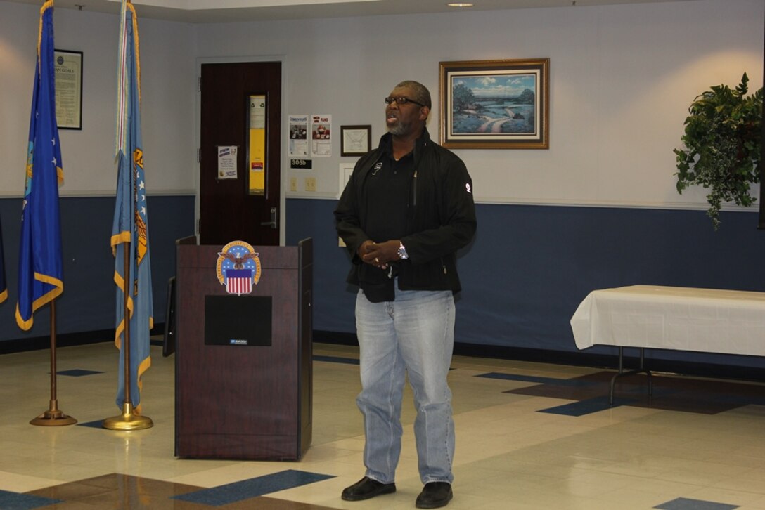DLA Distribution Red River, Texas, employee, Joe Cummings performs the national anthem at a Veterans Day program in Red River, on Nov. 10.