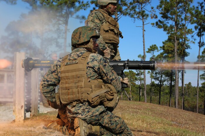 Marines with the Anti-Armor Section, Weapons Company, Ground Combat Element Integrated Task Force, fire the Mk-153 shoulder-launched multipurpose assault weapon, or SMAW, at Marine Corps Base Camp Lejeune, North Carolina. Marine Corps Systems Command awarded a contract to build the SMAW MOD 2, which will improve the weapon’s stability and durability. (U.S. Marine Corps photo by Sgt. Alicia R. Leaders)