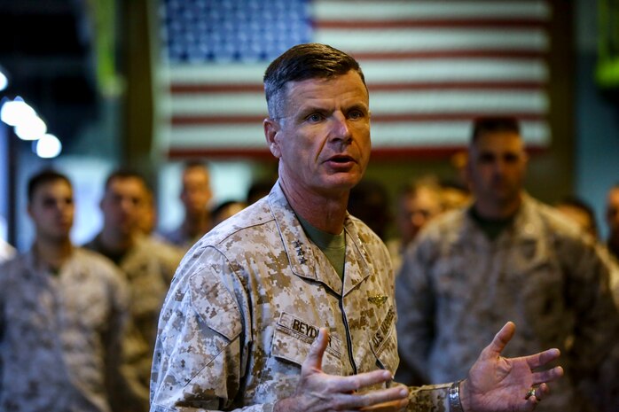 U.S. Marine Lt. Gen. William D. Beydler, Commander, U.S. Marine Corps Forces Central Command (MARCENT) conducts a command visit of  5th Marine Expeditionary Brigade aboard Naval Support Activity Bahrain, Nov. 15, 2015. Lt. Gen. Beydler discussed readiness and the training necessary for  the staff to respond as a command element for crisis response and contingencies.(U.S. Marine Corps photo by Cpl. Lauren Falk, 5th MEB Combat Camera/Released)