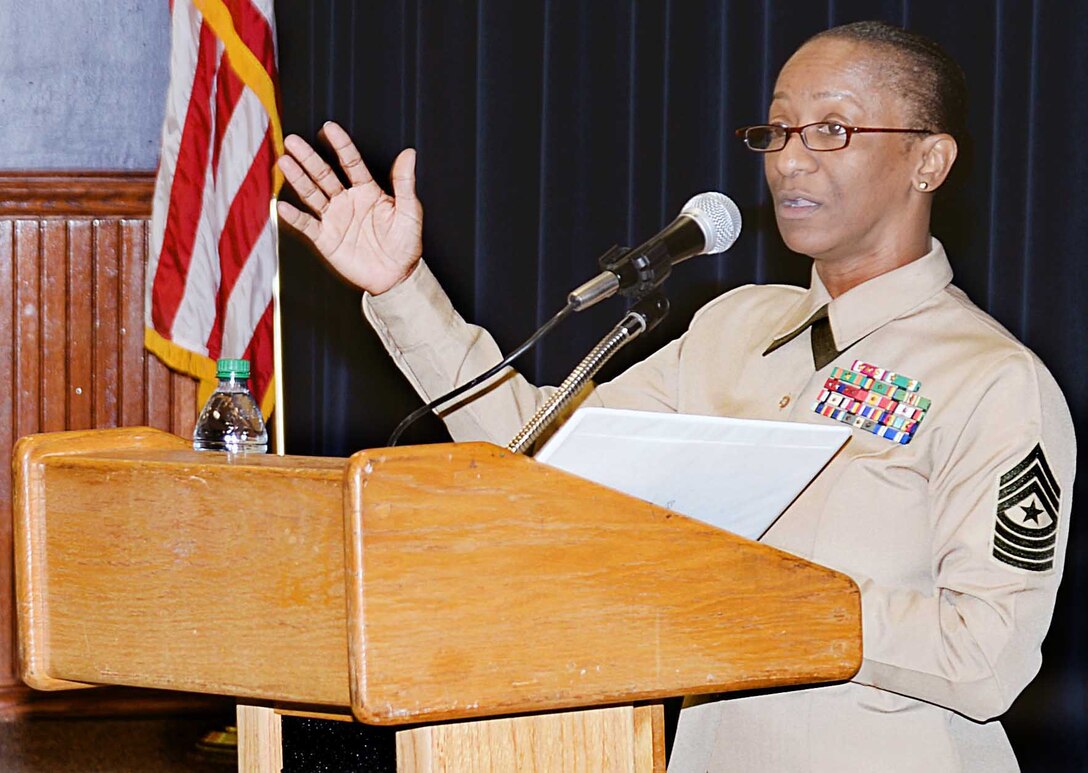 Sgt. Maj. Stephanie Murphy, sergeant major, Marine Corps Logistics Command, speaks during the annual Veterans Appreciation Luncheon at Turner Job Corps, Albany, Ga., Nov. 13. Murphy thanked the veterans in attendance for their service and encouraged them to continue to cultivate their deep love of country and service. “But to the students gathered here, I urge you to challenge yourselves to complete the task of graduating from your respective programs, be humble, be genuine, be a leader, focus on your daily efforts and finish what you start,” she said. “This is how you honor veterans.”