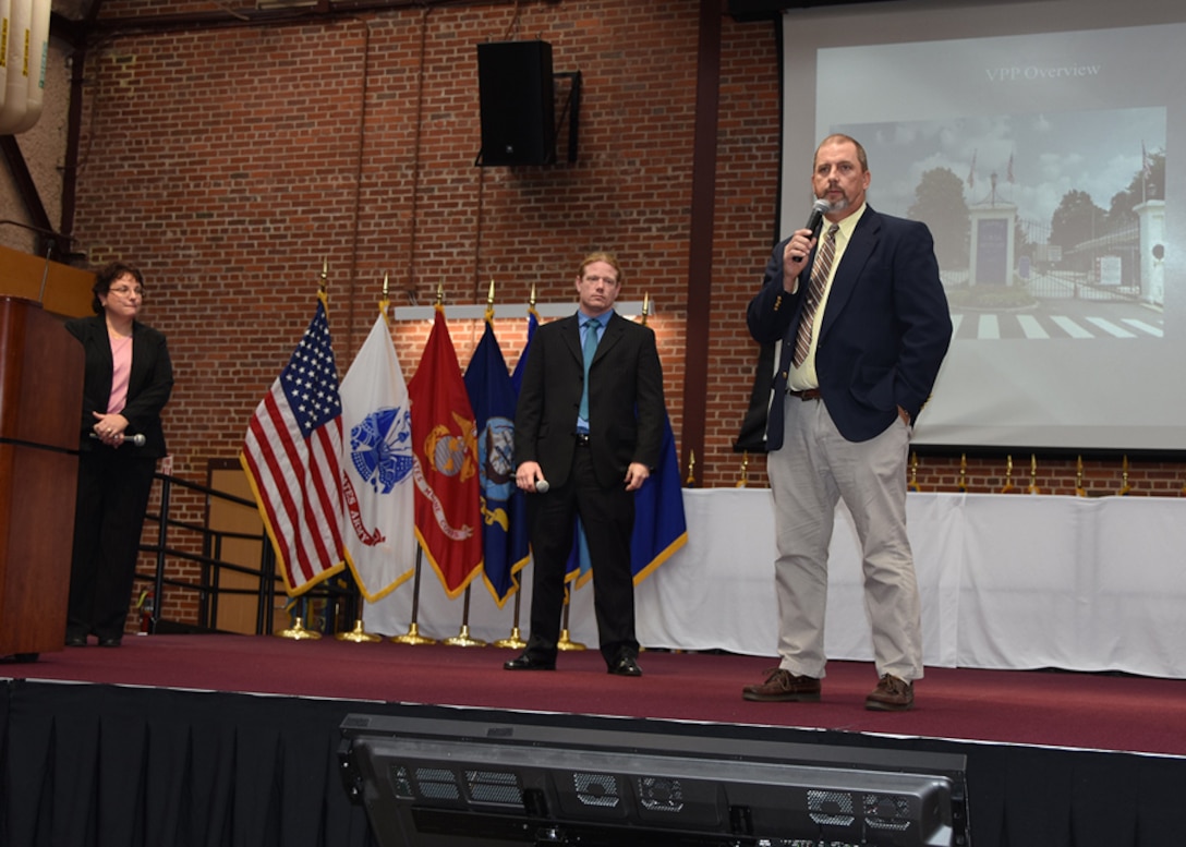Drew Holland, Voluntary Protection Program manager, Norfolk Naval Shipyard, speaks during the Defense Supply Center Richmond, Virginia Safety Stand Down Day program at the Lotts Conference Center, Nov. 19, 2015. 
