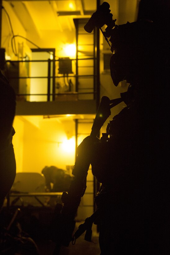 A Marine Raider with Marine Special Operations Company  Charlie, 1st Marine Raider Battalion, U.S. Marine Corps Forces, Special Operations Command, provides security to his teammate, while participating in Visit, Board, Search and Seizure training, during a Company Collective Exercise, Oct. 15, 2015, in San Diego, Calif.
