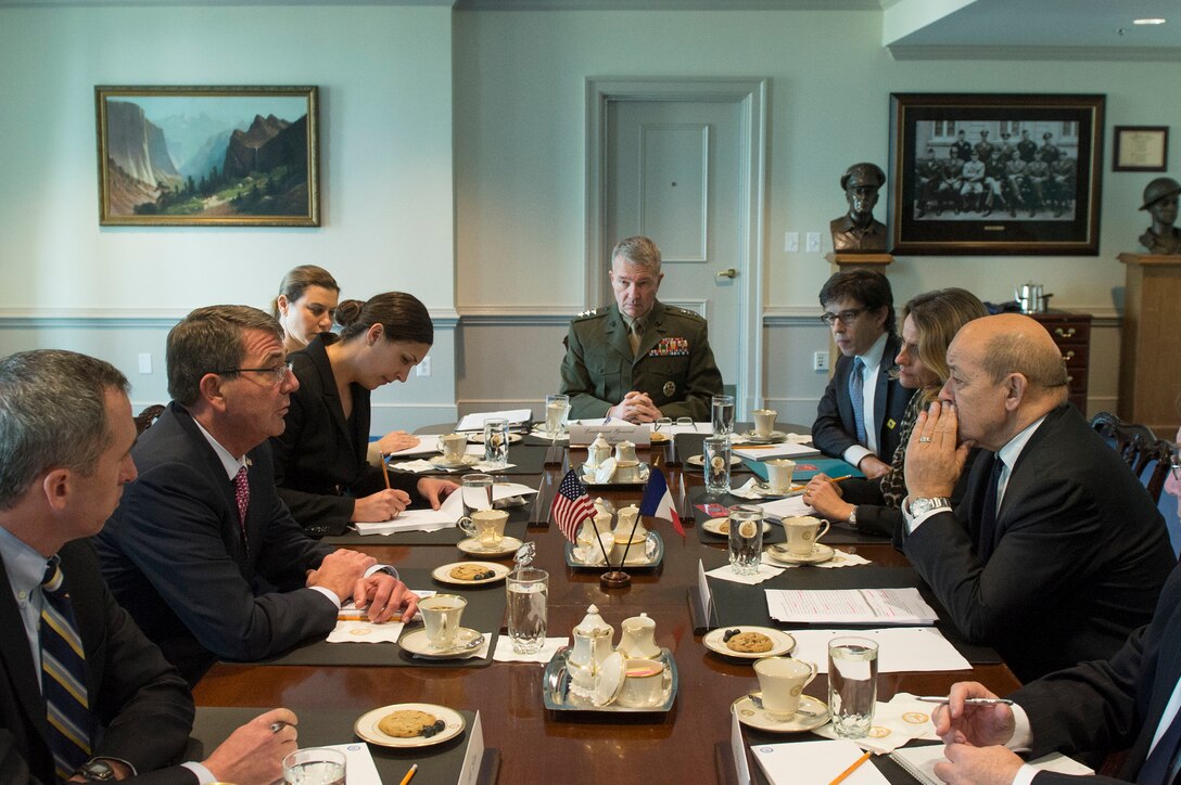 U.S. Defense Secretary Ash Carter meets with French Defense Minister Jean-Yves Le Drian at the Pentagon, Nov. 24, 2015. DoD photo by Air Force Senior Master Sgt. Adrian Cadiz