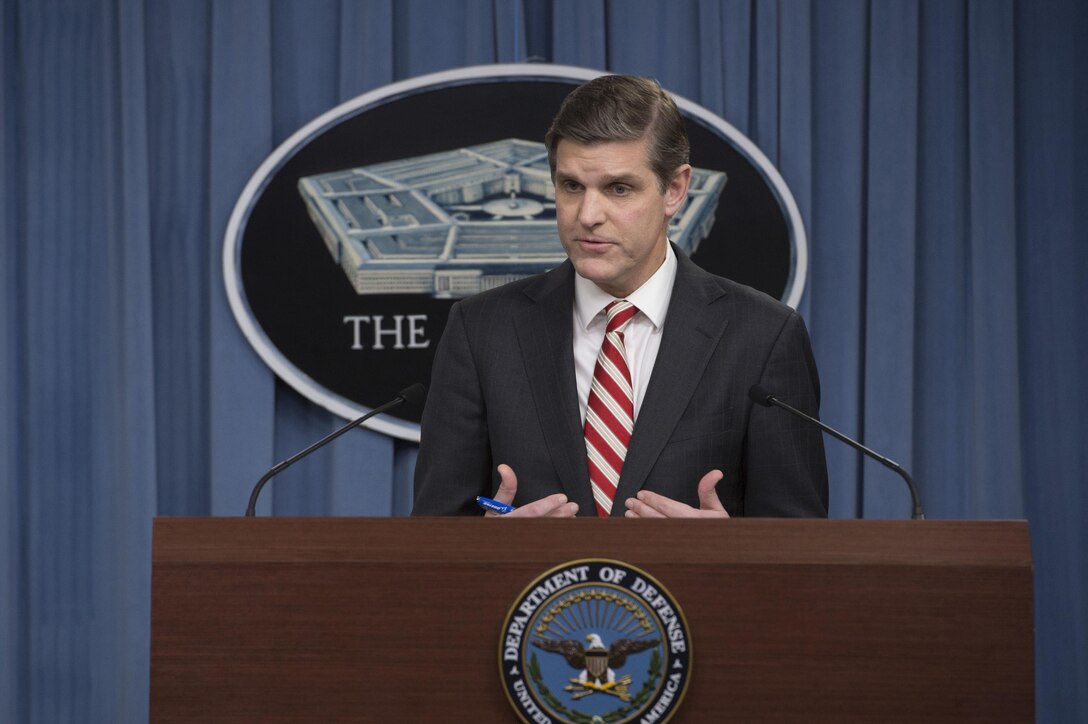 Pentagon Press Secretary Peter Cook conducts a news briefing at the Pentagon, Nov. 24,  2015. DoD photo by Air Force Senior Master Sgt. Adrian Cadiz