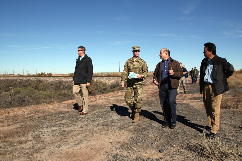 Assistant County Manager Homero Vela (right center) walks the Ruby Wash Diversion Levee with Los Angeles District Commander Col. Kirk Gibbs Nov. 20. Navajo County and the Corps are working diligently on a feasibility study of the area that includes a portion of the Ruby Wash and the 7.2 mile Winslow Levee.