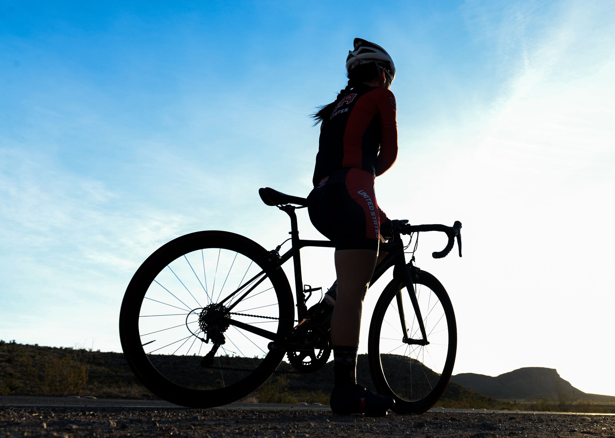 (Maj.) Dr. Shannon Gaffney, 99th Medical Group staff radiologist, prepares for a bike ride through the Calico Basin in Las Vegas, Nov. 18, 2015. Gaffney participated in the 2015 Military World Games. Much like the Olympics for military members, the competition features 100 countries competing in 26 sports divisions.  (U.S. Air Force photo by Airman 1st Class Rachel Loftis)