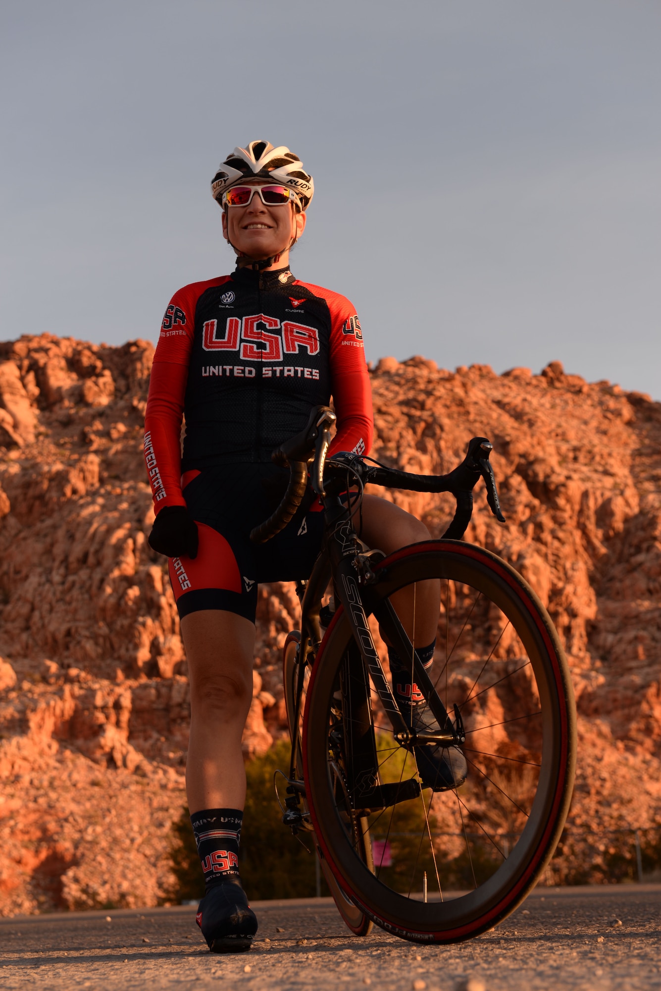(Maj.) Dr. Shannon Gaffney, 99th Medical Group staff radiologist, poses for a photo before riding her bike through the Calico Basin in Las Vegas, Nov. 18, 2015. On Oct. 6 and 8, 2015 Gaffney raced as a member of the U.S. Armed Forces Cycling Team for the Military World Games. Gaffney was the top U.S. finisher in the women’s cycling road race. (U.S. Air Force photo by Airman 1st Class Rachel Loftis)