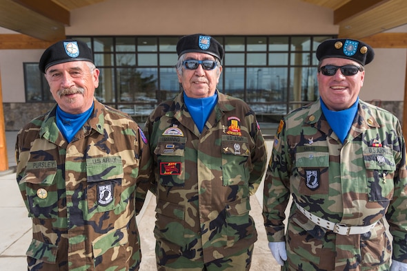 (From the left) U.S. Army veterans Steve Persley, Larry Manning and Hilliard Smith pose for a photo in front of the recently constructed Tribal Headquarters building at the Duck Valley Indian Reservation, Nevada, Nov. 17, 2015. The Headquarters building is built on the border of Idaho and Nevada with the state line splitting the building directly in half. (U.S. Air Force photo by Airman 1st Class Connor J. Marth)  