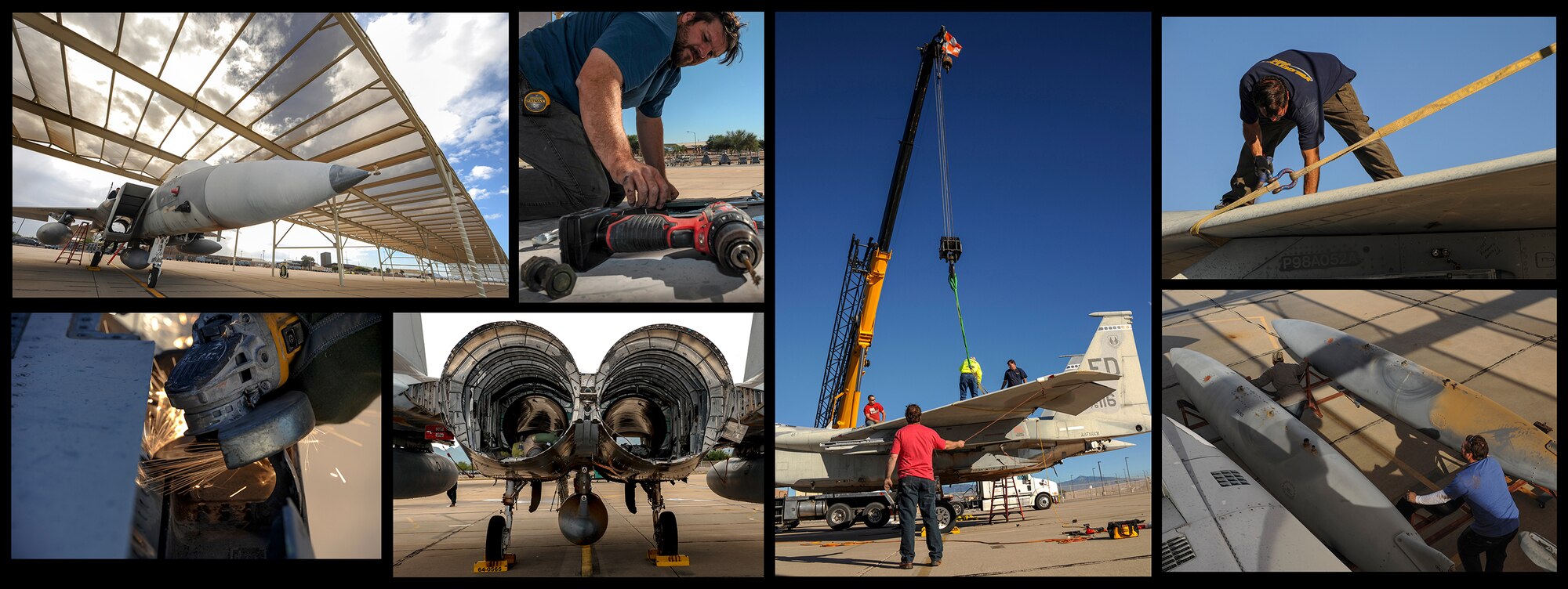 A team of contractors disassemble an F-15A Eagle from the 309th Aerospace Maintenance and Regeneration Group at Davis-Monthan Air Force Base, Ariz., to be used as a static display for the Western Air Defense Sector at Joint Base Lewis-McChord, Wash. As part of their North American Aerospace Defense Command mission, the WADS has tactical oversight of seven air defense alert fighter units, three of which fly the F-15 Eagle. A team of contractors disassemble the F-15A Eagle in five days and loaded it onto two flatbed trucks to be transported to JBLM. (U.S. Air Force photo by Airman Basic Nathan H. Barbour/Released)