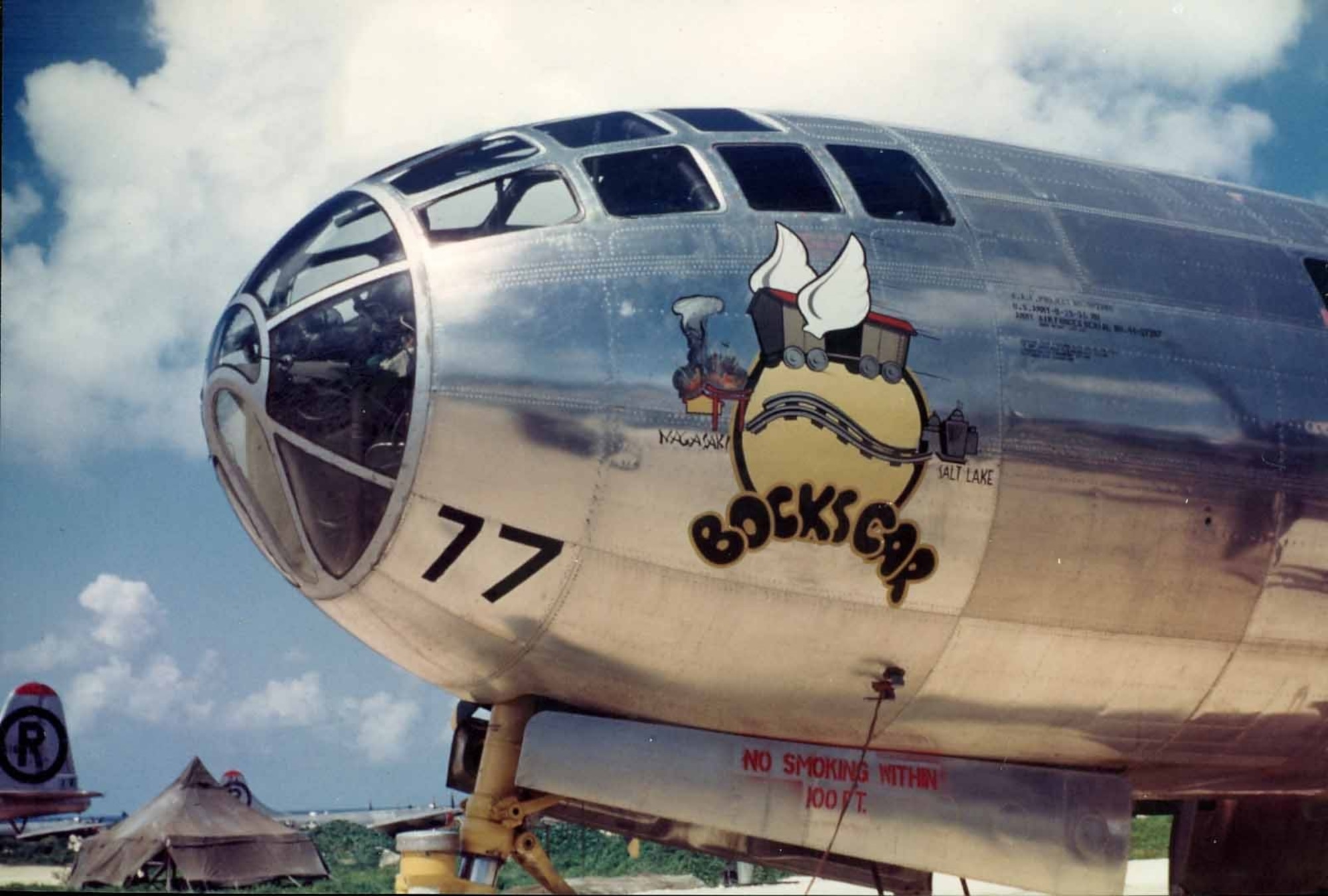A historic photo of Bock's Car, a Boeing B-29 Superfortress bomber, credited with dropping the second atomic bomb on Nagasaki, three days after the Enola Gay dropped the first one on Hiroshima in August 1945. Bock's Car was part of the same squadron as the Enola Gay, the 393rd Bombardment Squadron, Heavy, of the 509th Composite Group. It was named after its commander Capt. Frederick C. Bock who, along with his crew C-13, participated in several bombing runs on Japan prior to dropping of the two atomic bombs.  (Courtesy photo)  
