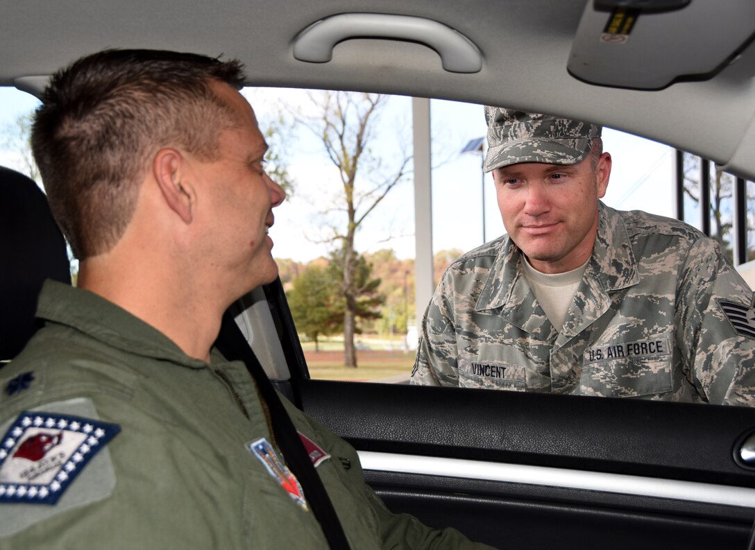 Tech. Sgt. John Vincent conducts seat belt checks at Ebbing Air National Guard Base, Fort Smith, Ark., Nov. 4, 2015. Vincent joined the Arkansas Air National Guard in 2003 and is an occupational safety technician with the 188th Safety office. Vincent has been selected as The Flying Razorback Spotlight for December. (U.S. Air National Guard photo by Staff Sgt. Hannah Dickerson/Released)