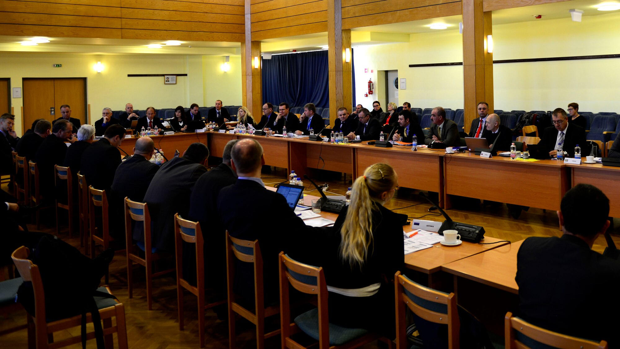 Members of the Strategic Airlift Capability Steering Board and NATO Airlift Management Programme Board discuss the future of the SAC Program, Nov. 18, 2015, at Pápa Air Base, Hungary. Biannual meetings are held to bring the 12 member nations together to make decisions regarding the financial and operational aspects of the SAC Program. (U.S. Air Force photo by Senior Airman Areca T. Bell/Released)