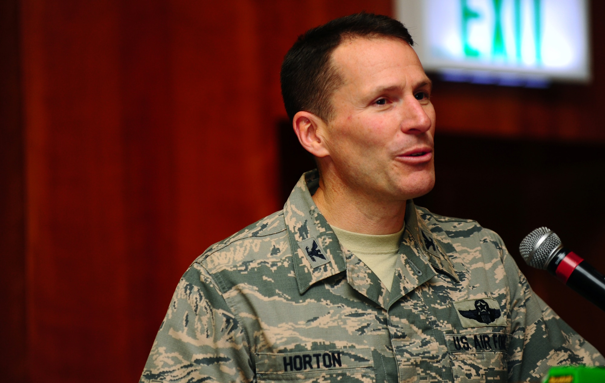 U.S. Air Force Col. Steve Horton, 52nd Fighter Wing vice commander, speaks during the Civilian Length of Service Recognition ceremony in Club Eifel at Spangdahlem Air Base, Germany, Nov. 20, 2015. Horton thanked Spangdahlem's civilian work force, congratulated each recipient and presented them with a certificate symbolizing the installation's gratitude. (U.S. Air Force photo by Airman 1st Class Timothy Kim/Released)