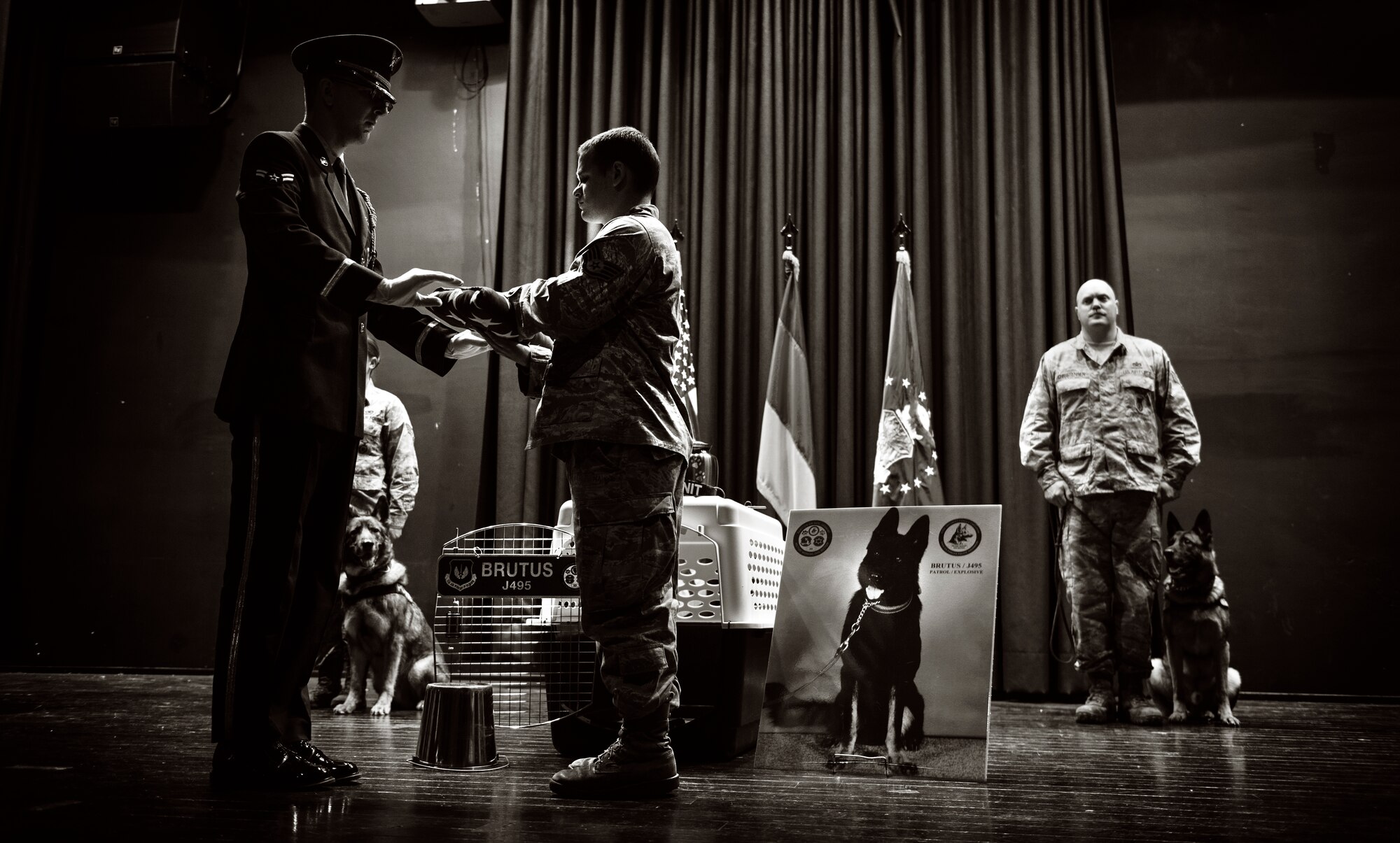 Staff Sgt. Michael Smith, 86th Security Forces Squadron military working dog handler, receives an American flag during a memorial service in honor of his MWD, Brutus Nov. 20, 2015 at Ramstein Air Base, Germany. Brutus served with the 86th SFS for 13 years as a patrol explosive detection dog where he deployed three times in support of Operations Iraqi Freedom and Enduring Freedom. (U.S. Air Force photo/Staff Sgt. Sara Keller)