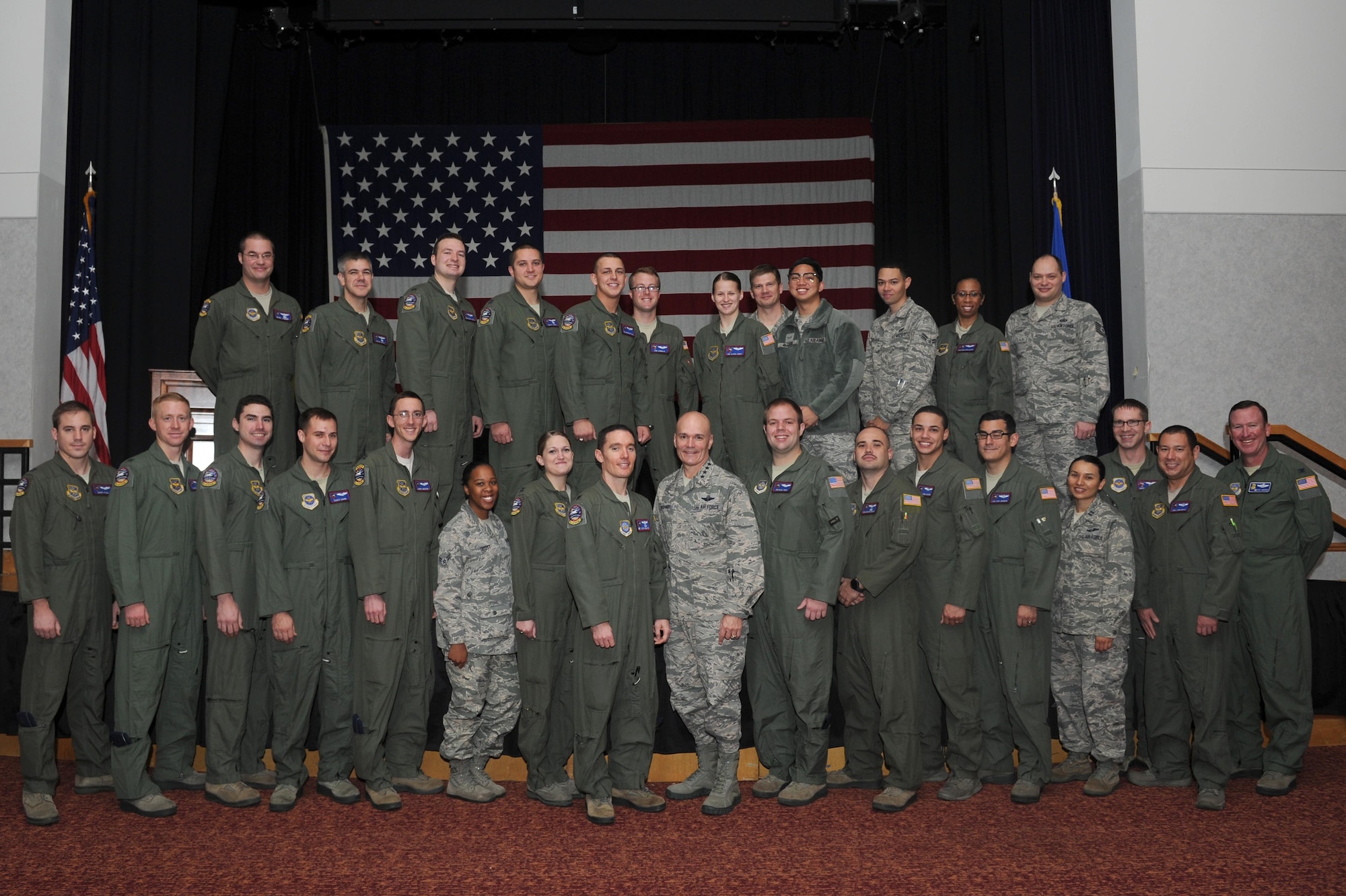 “Bandits” of the 349th Air Refueling Squadron pose with Gen. Carlton D. Everhart, Air Mobility Command commander, after a ceremony, Nov, 17, 2015, at McConnell Air Force Base, Kan. The hard work of these “Bandits” earned them the 2014 Gen. Carl A. Spaatz Trophy for being the best air refueling squadron in Air Mobility Command. (U.S. Air Force photo/Senior Airman Tara Fadenrecht)