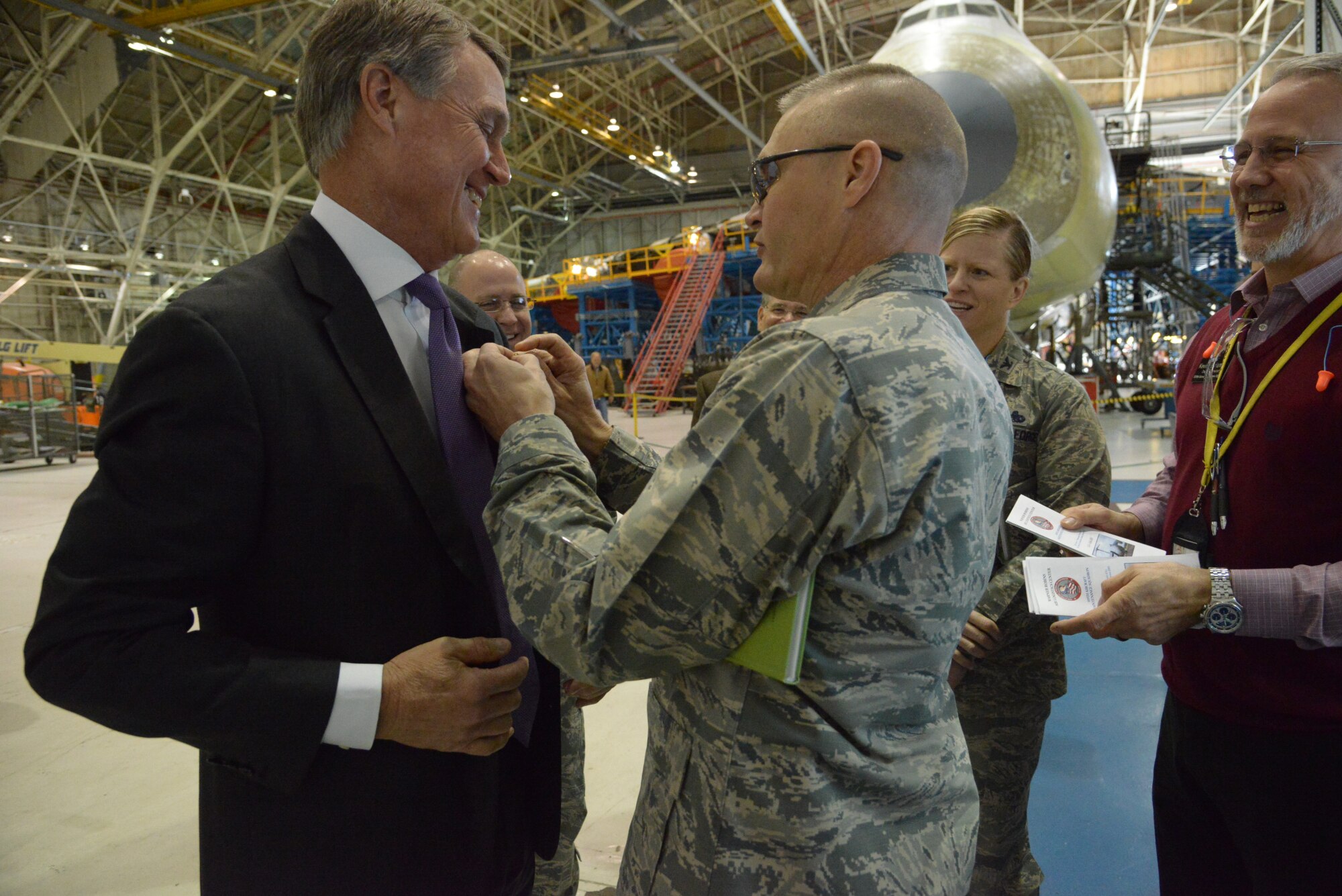 U.S. Sen. David Perdue, R-Ga., toured Robins Air Force Base Nov. 24, for his first official visit that included a mission brief at Air Force Reserve Command Headquarters; C-5 programmed depot maintenance overview at the Warner Robins Air Logistics Complex, as well as a windshield tour of the Robins flight line; and a mission and program update on the Joint Surveillance Target Attack Radar System. (U.S. Air Force photo by Ray Crayton)

