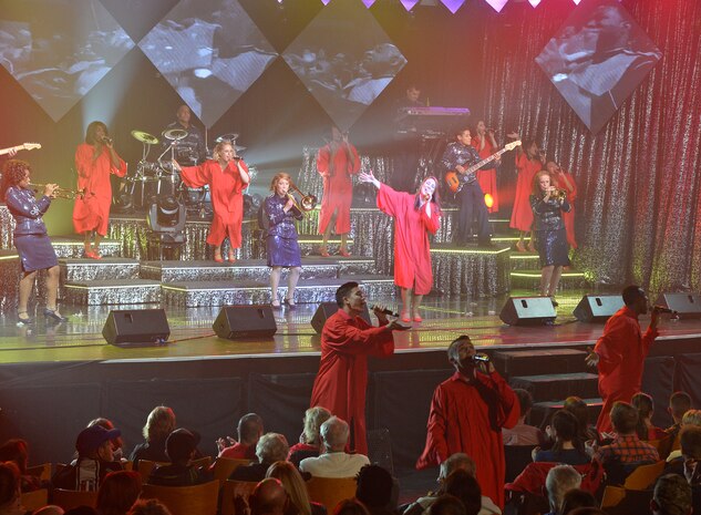 The U.S. Air Force’s premier entertainment troupe, Tops in Blue, performs a gospel song with audience participation during a performance Nov. 20 at Peery's Egyptian Theater, Ogden, Utah. Each year the Air Force selects its most talented active duty members to form an expeditionary entertainment unit whose primary purpose is to travel the world entertaining military personnel and their families. (U.S. Air Force photo/Alex R. Lloyd)
