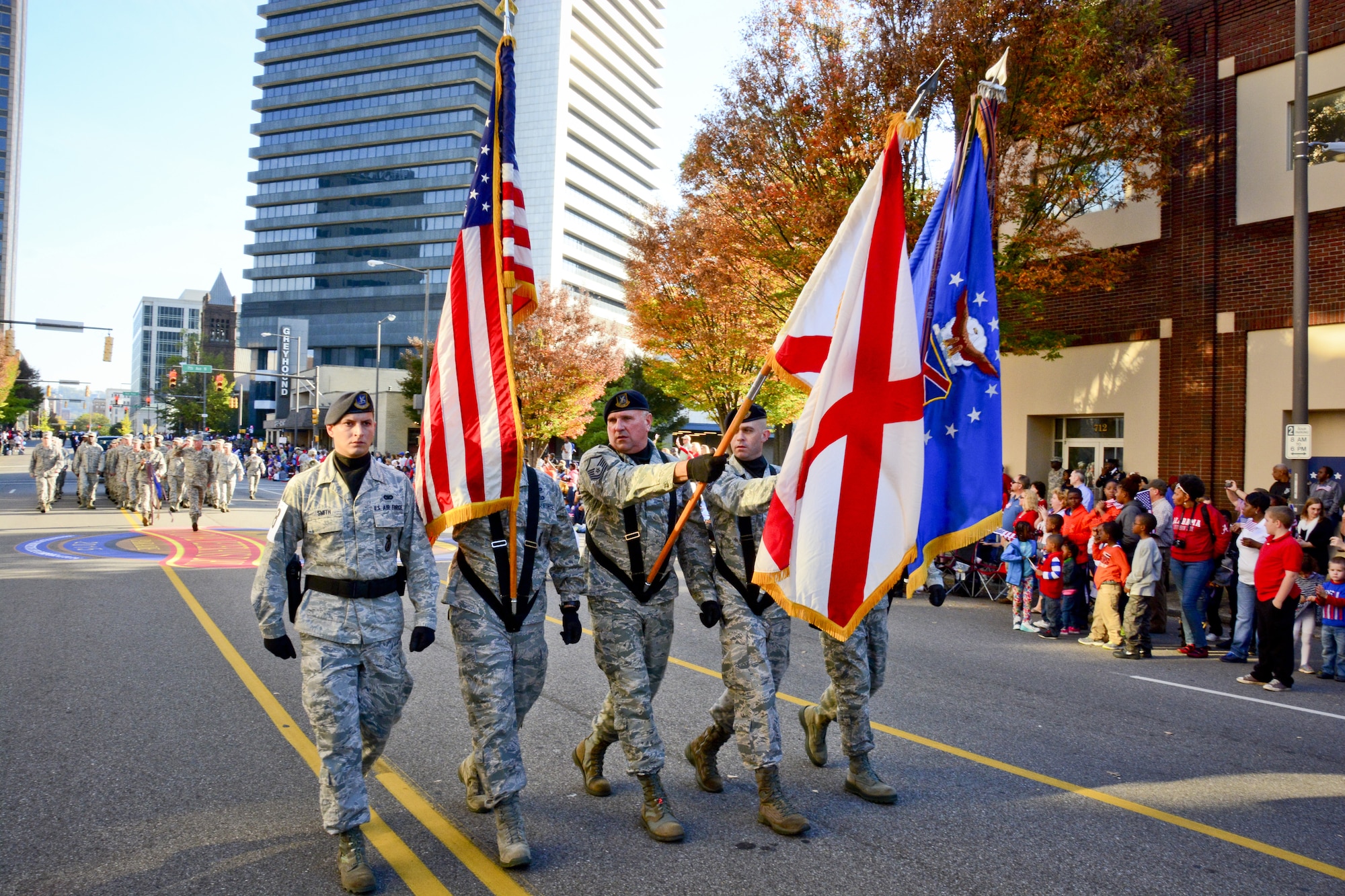 Airmen from the 117th Air Refueling Wing, Birmingham, Alabama march in the Veterans Day parade in Birmingham, Ala. November 11, 2015, (U.S. Air National Guard photo by Senior Master Sgt. Ken Johnson/Released)
