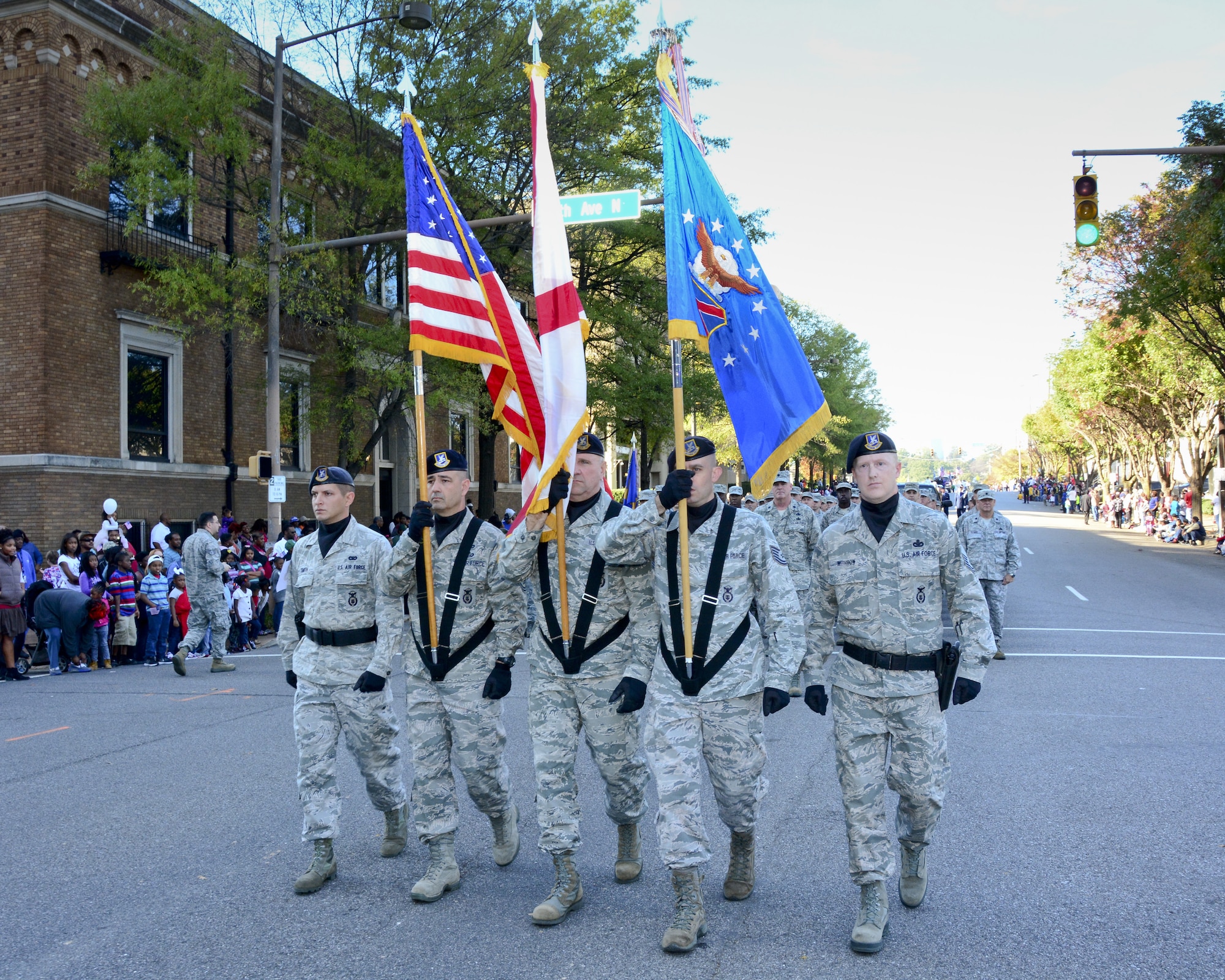 Airmen from the 117th Air Refueling Wing, Birmingham, Alabama march in the Veterans Day parade in Birmingham, Ala. November 11, 2015, (U.S. Air National Guard photo by Senior Master Sgt. Ken Johnson/Released)
