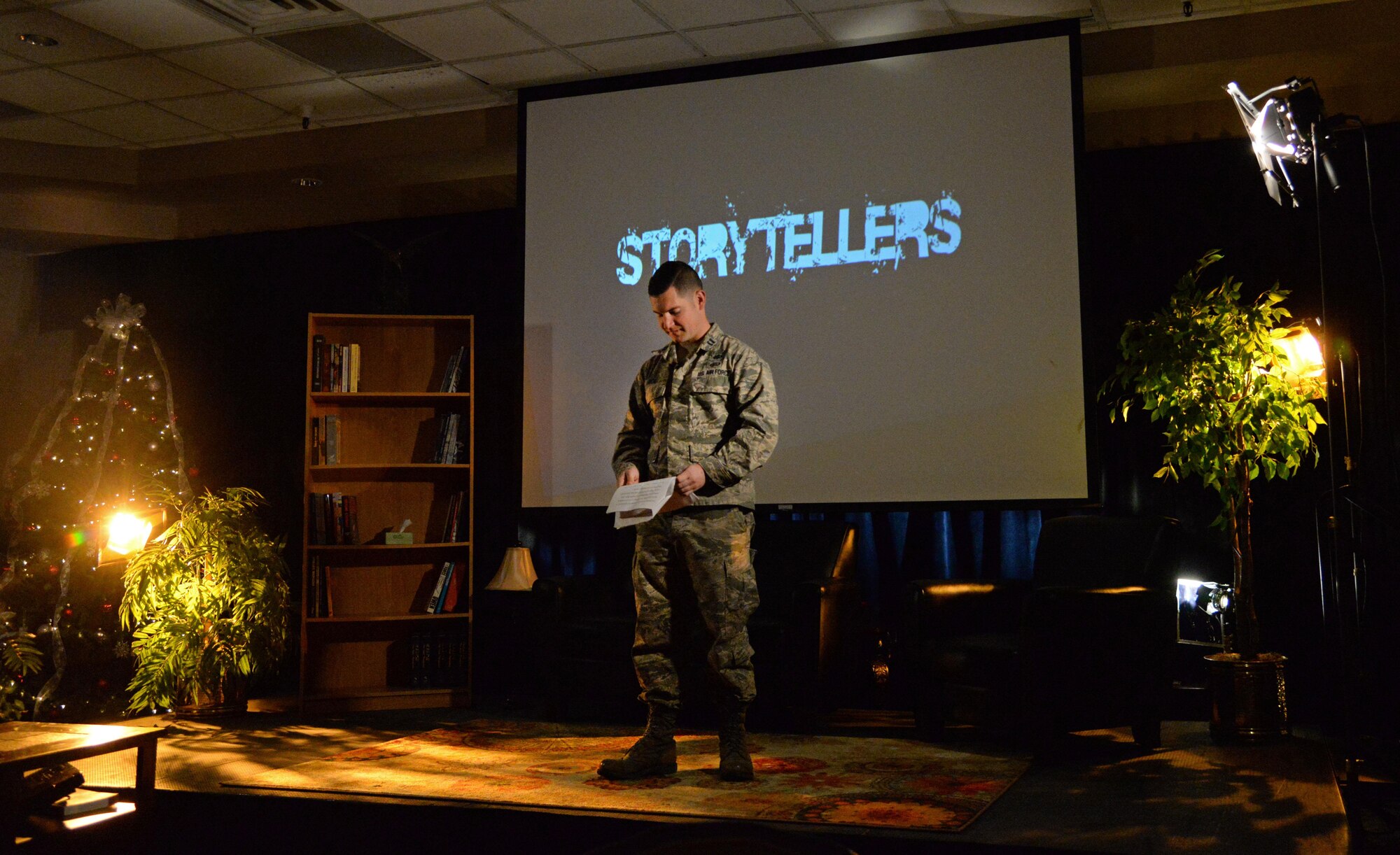 U.S. Air Force Capt. Travis Root, 56th Special Operations Intelligence Squadron, takes the stage during the second Storytellers Nov. 19, 2015, at Cannon Air Force Base, N.M. Root was the first to share his story – of losing a dear friend to suicide. (U.S. Air Force photo/Staff Sgt. Alexx Pons) 